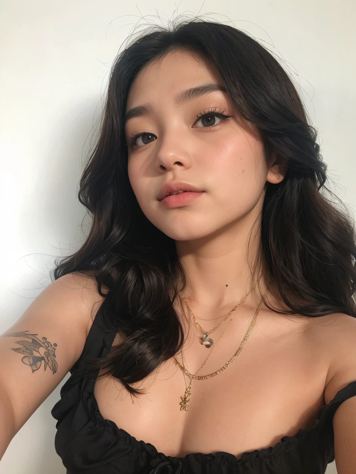 un primer plano de una mujer con un tatuaje en el brazo, cara sexy con maquillaje completo, hermosa cara latina, Southeast Asian with round face, mirada sensual, cabello oscuro y maquillaje, an asian woman, asian features, imagen de perfil, chica sexy con tez oscura, con maquillaje profesional, foto de perfil en la cabeza, piel de oliva perfecta, a young asian woman