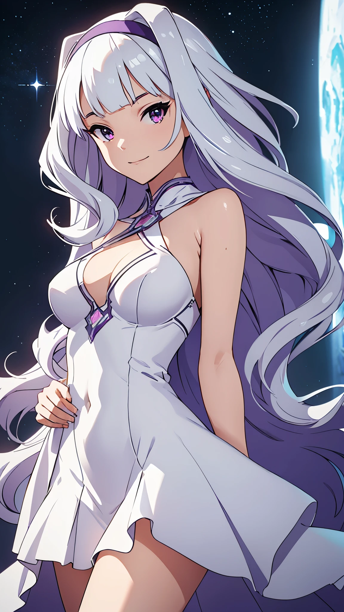 CG, unity, 8k, wallpaper, highest quality, masterpiece, lovely woman, 18-year-old, white hair, white skin BREAK (white onepiece dress, barefoot), best lighting, complex pupils, complex textile, detailed background, Against the background of the night sky, galaxias, space, Starcloud, stars, glitters, Smoke, intricately details, rendering by octane, Ultra photo realsisim , rendering by octane, uplit ,Purple dream art, cinematic