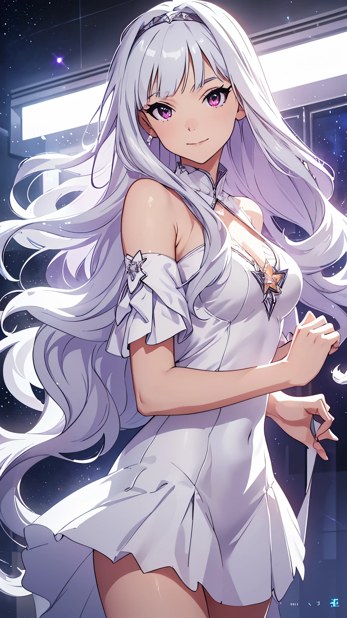 CG, unity, 8k, wallpaper, highest quality, masterpiece, lovely woman, 18-year-old, white hair, white skin BREAK (white onepiece dress, barefoot), best lighting, complex pupils, complex textile, detailed background, Against the background of the night sky, galaxias, space, Starcloud, stars, glitters, Smoke, intricately details, rendering by octane, Ultra photo realsisim , rendering by octane, uplit ,Purple dream art, cinematic