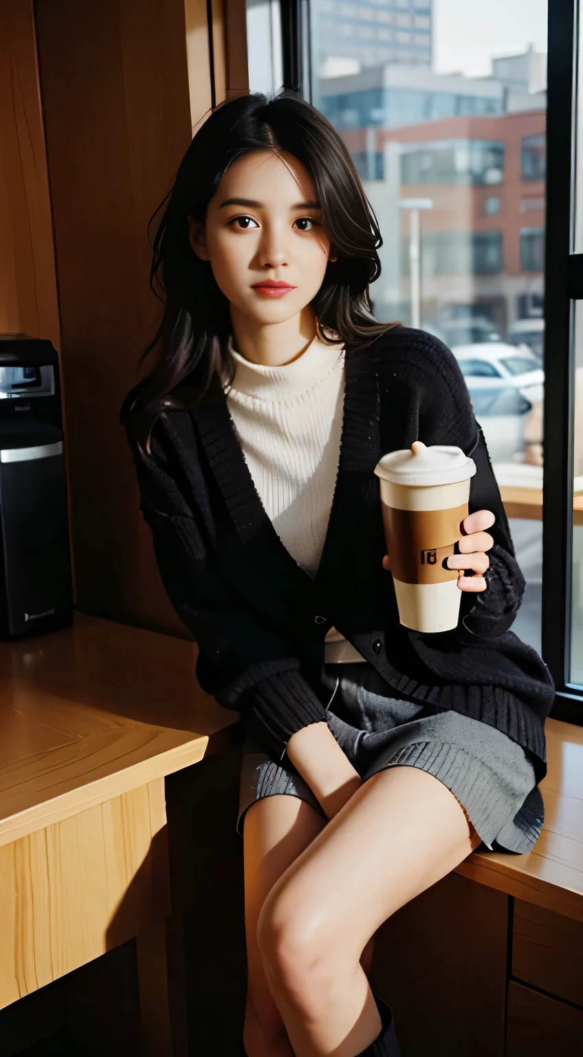 Indoors, a 25-year-old woman named Amelia is captured in a portrait, holding a steaming coffee cup with one hand. She wears a fashionable black cropped knitted cardigan, revealing a hint of her slender arms. The bottom half of her attire consists of a dark red narrow skirt, accentuated with a black plaid pattern, and black knee-high suede boots that add an element of sophistication. Amelia stands next to an office window, the soft light streaming in, casting long shadows and illuminating her features.
((25-year-old woman:1.3)) ((coffee:1.2)) ((black cropped knitted