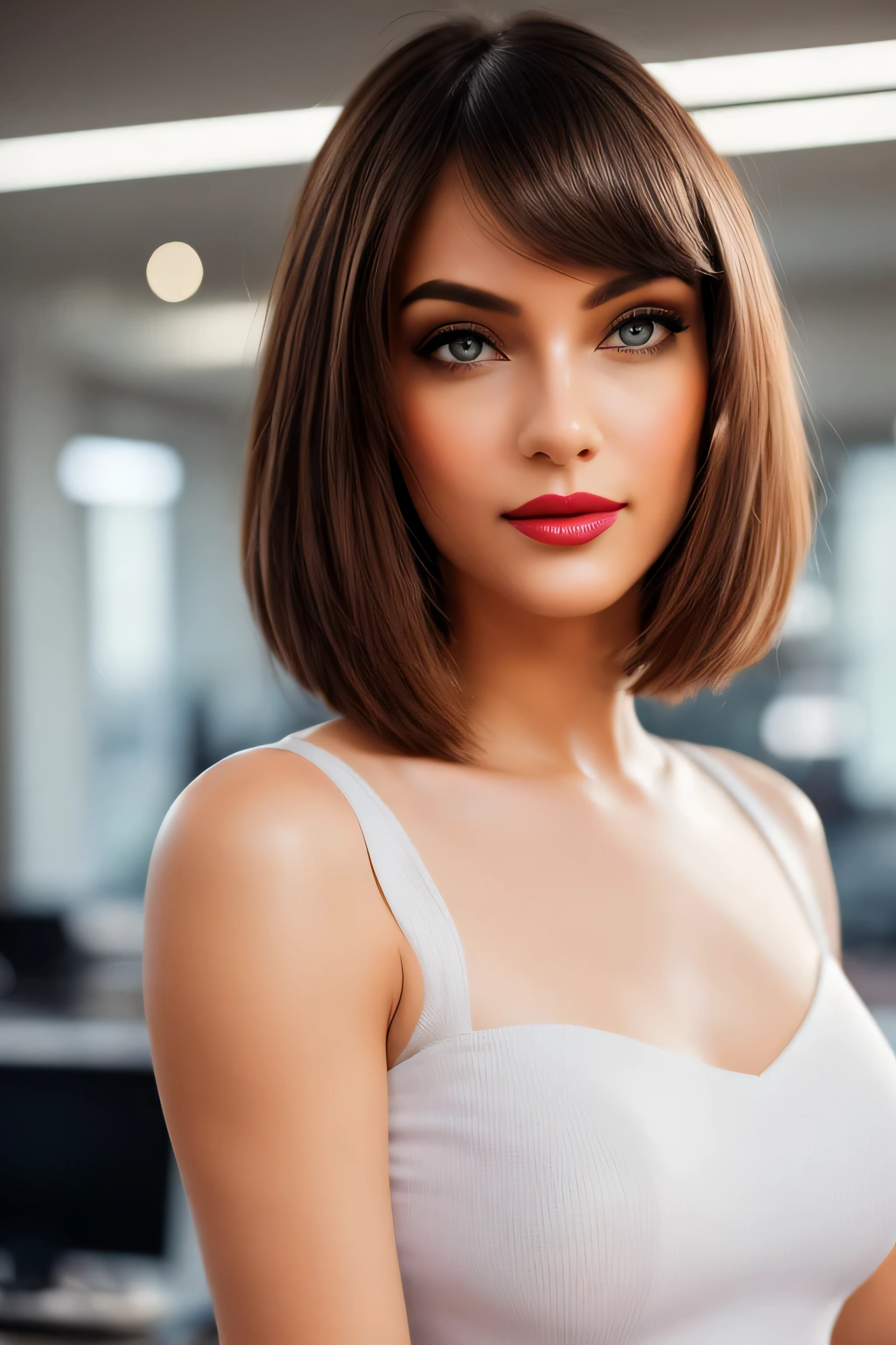 Best quality, PhotoRealistic, ultra detailed, finely detailed, high resolution, 8K wallpaper, Raw color photo, professional, High level of detail, (Model advertising a computer..). Beautiful 35 year old woman, (pale skin), (Masterpiece), (full body), (blue eyes), Realistic, happy face, (red lipstick), expressive smile, ((short shoulder length hair), (pink hair)), ((small breast, no cleavage)). white dress for woman, (Best quality,4k,8K,high resolution,Masterpiece:1.2),ultra detailed,(Realistic,photoRealistic,photoRealistic:1. 37),portrait, Tailored suit for ladies,professional setting,confident expression,stylish haircut,Office environment,modern office building,stunning architecture,elegant pose,executive woman,high heels,spacious and bright office,sharp focus,women working together,polished look,neutral color palette,soft natural lighting,clean and minimalist design,important business meeting, Intricate patterns on suit, well groomed hairstyle,Desk with computer and paperwork,air of authority,successful and accomplished women,award winning photo, (Face to face), (Look at viewers), small light, low contrast, facial symmetry, depth of fields, cinematic background, central image, softly lit, (finely detailed skin), Realistic skin texture, extreme skin details, (pores: 0. 1), small bust with good shape
