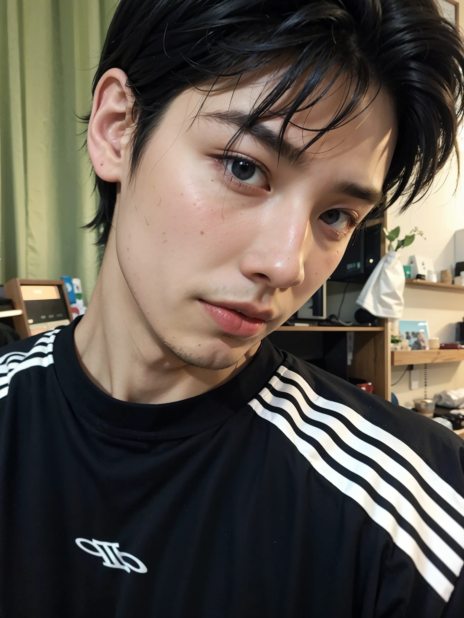 there is a man with a black shirt and a white shirt, Cai Xukun, Kim Doyoung, 1 Menino de 7 anos, rosto magro, Jinyoung Shin, Hsiao-ron, asian man, hyung tae, Jungkook, Daisuke Tsutsumi, Yanjun Chengt, taejune kim, cute japanese demon boy, norihiro yagi