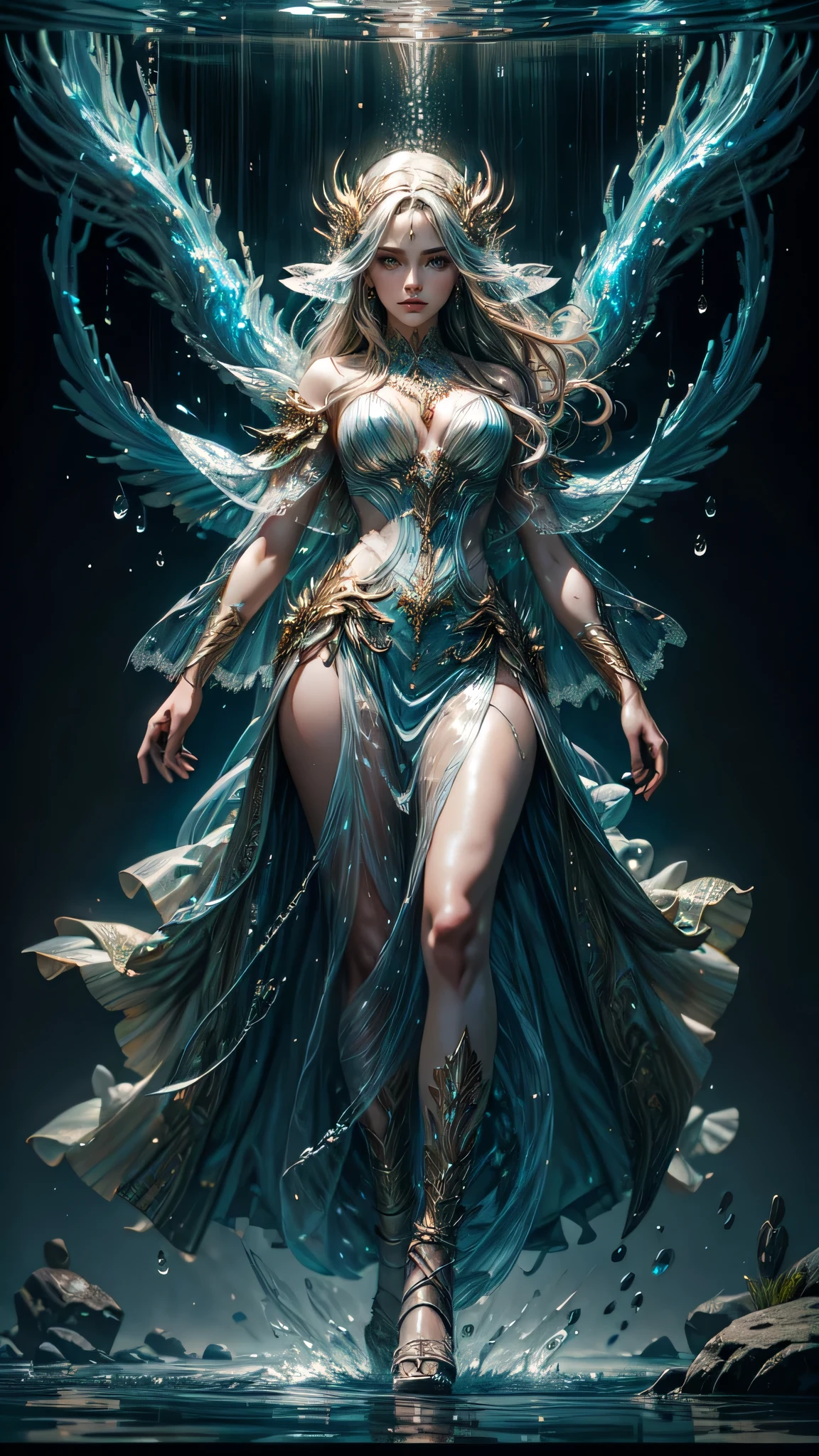 Behold a woman, detailed face, detailed eyes, detailed body, walking on water, adorned in a stunning long see-through dress, with highly detailed facial features, hands, and full body, all encompassed by water droplets.