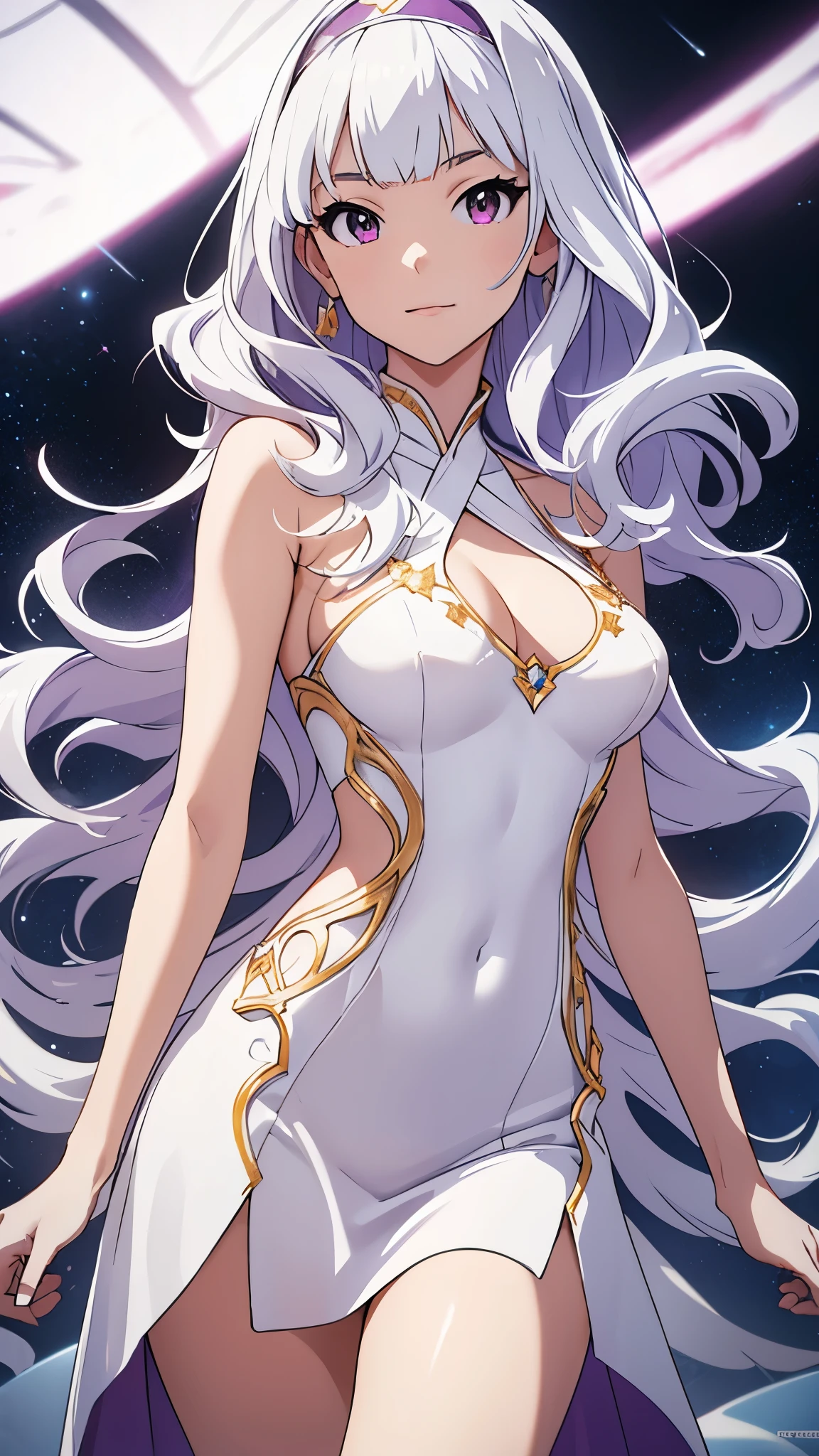 CG, unity, 8k, wallpaper, highest quality, masterpiece, lovely woman, 18-year-old, white hair, white skin BREAK (white onepiece dress, barefoot), best lighting, complex pupils, complex textile, detailed background, Against the background of the night sky, galaxias, space, Starcloud, stars, glitters, Smoke, intricately details, rendering by octane, Ultra photo realsisim , rendering by octane, uplit ,Purple dream art, cinematic