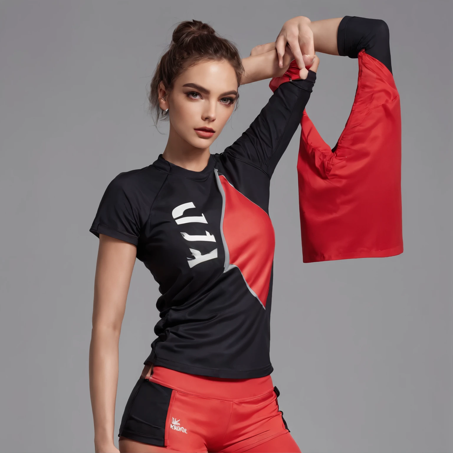  com roupas esportivas de volei, sem mangas, Vermelha e preta a camisa, com uma logo, logo centralizada