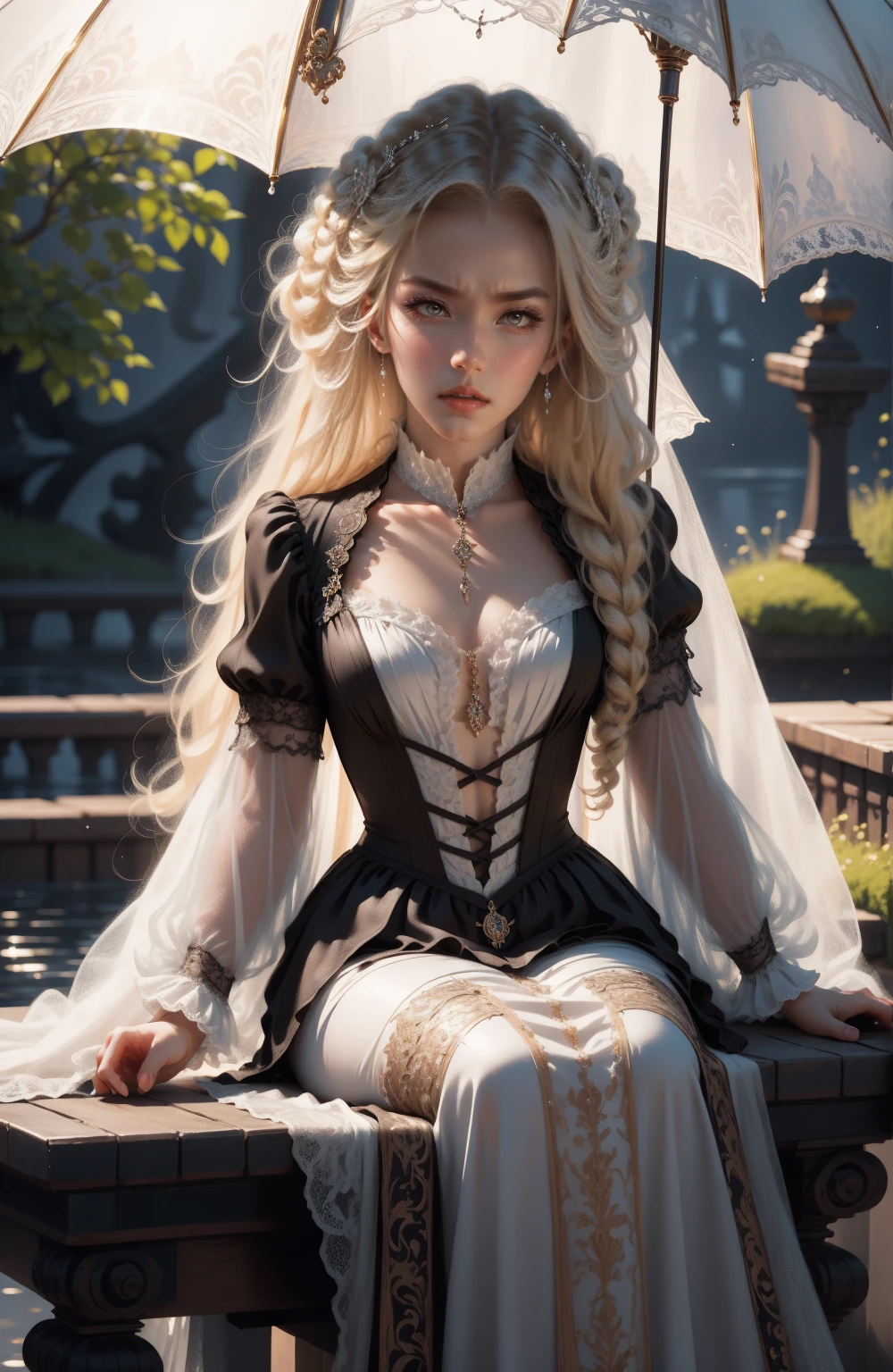{ - anatomy error}(Masterpiece - Ultra-detailed, very high resolution) Prepare to be enchanted by a true masterpiece that combines ultra-detailed art with high-resolution rendering. This work depicts a mesmerizing woman with very long blond hair (1.3) and captivating gray eyes (1.2), emanating an aura of elegance and mystery in Victorian settings. The intricate details and realistic textures invite you to explore every aspect of this enchanting composition. Woman wearing beautiful classic Victorian costume from the year 1878. Red lips. Happy face. Smiling. Delicate smile. white (white) dress. on the sun with umbrella, dynamic poses. Get ready to dive into a world where beauty and craftsmanship merge perfectly.