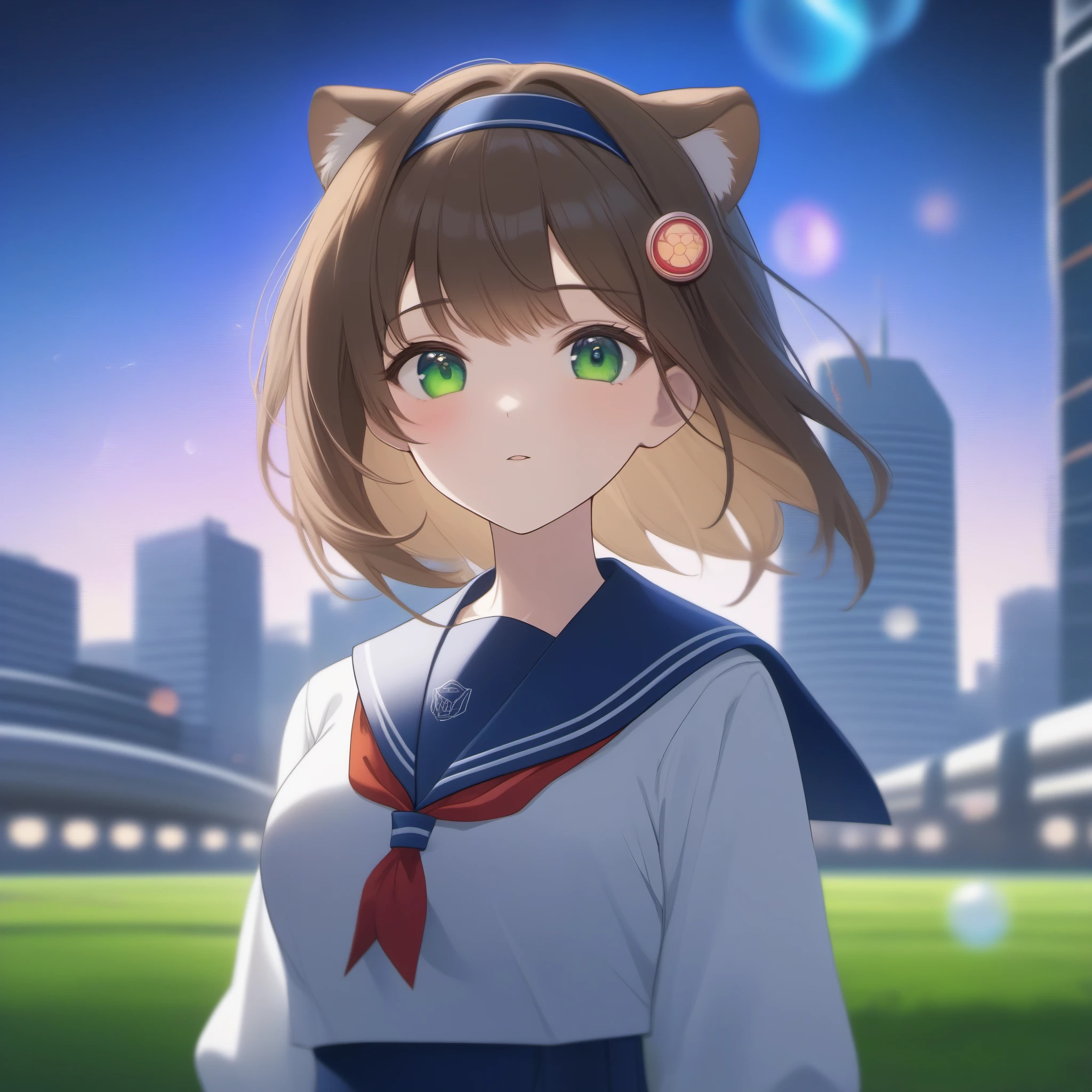 (best quality,4k,highres),ultra-detailed,realistic,portraits, Japaneese school girl, green eyes, long brown hair,anime style,futuristic, Frutiger Aero aesthetic, eco- modernism, bokeh, ribbon headband,small breast,futuristic sailor lolita dress,puffy sleeves,white and blue,colorful lighting, red ribbon, navy blue pantyhose, school shoes, school bag, school crest, floating bubbles, standing in a green field with distant futuristic skyscrapers in the background, tertiary colors, highly detailed, 4K.