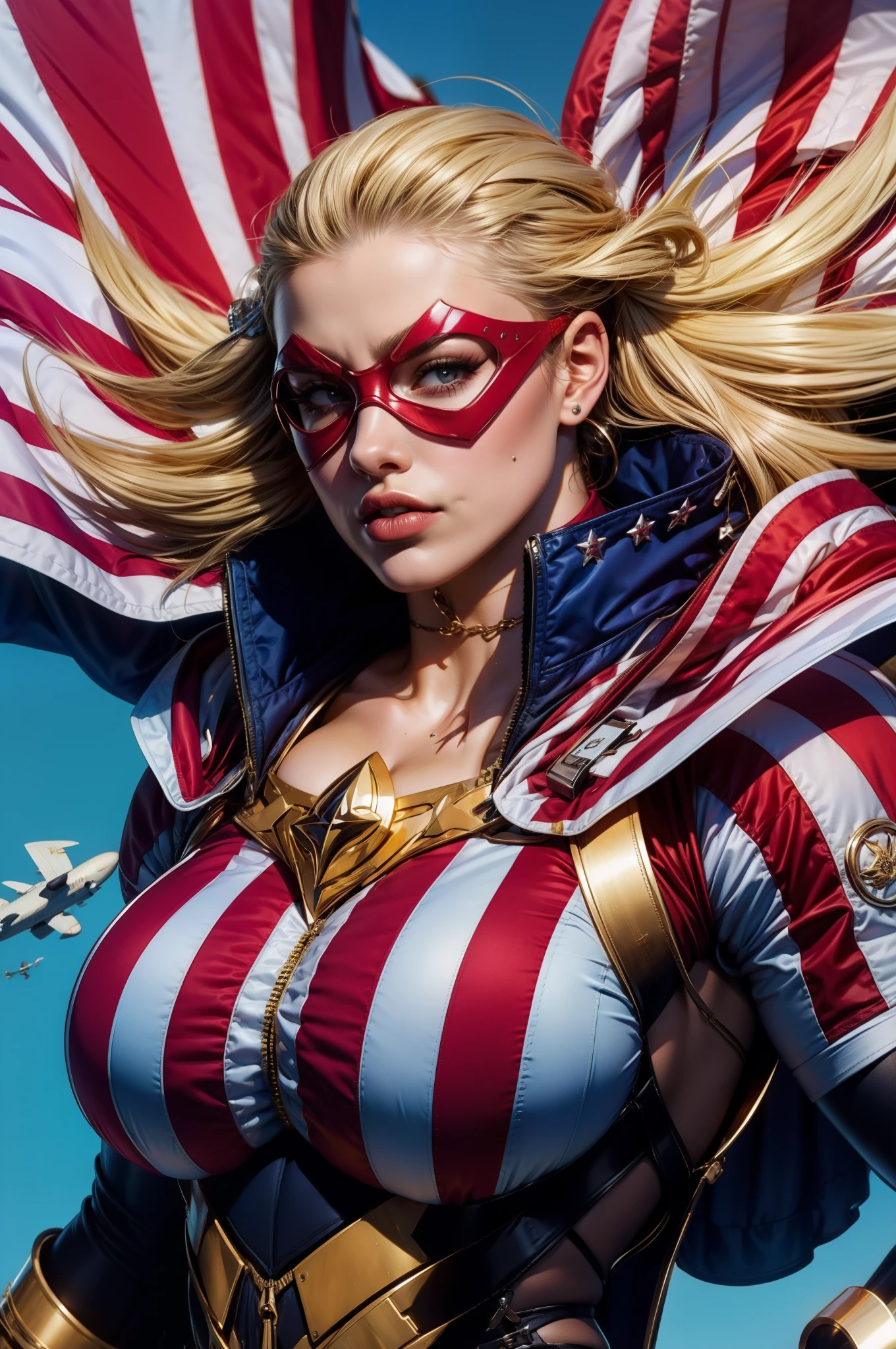 a woman in a patriotic outfit with a flag on her chest, extremely detailed artgerm, artgerm comic, trending artgerm, artgerm. high detail, artgerm 4 k, artgerm jsc, artgerm style, artgerm greg rutkowski _ greg, artgerm detailed, amber heard as captain america