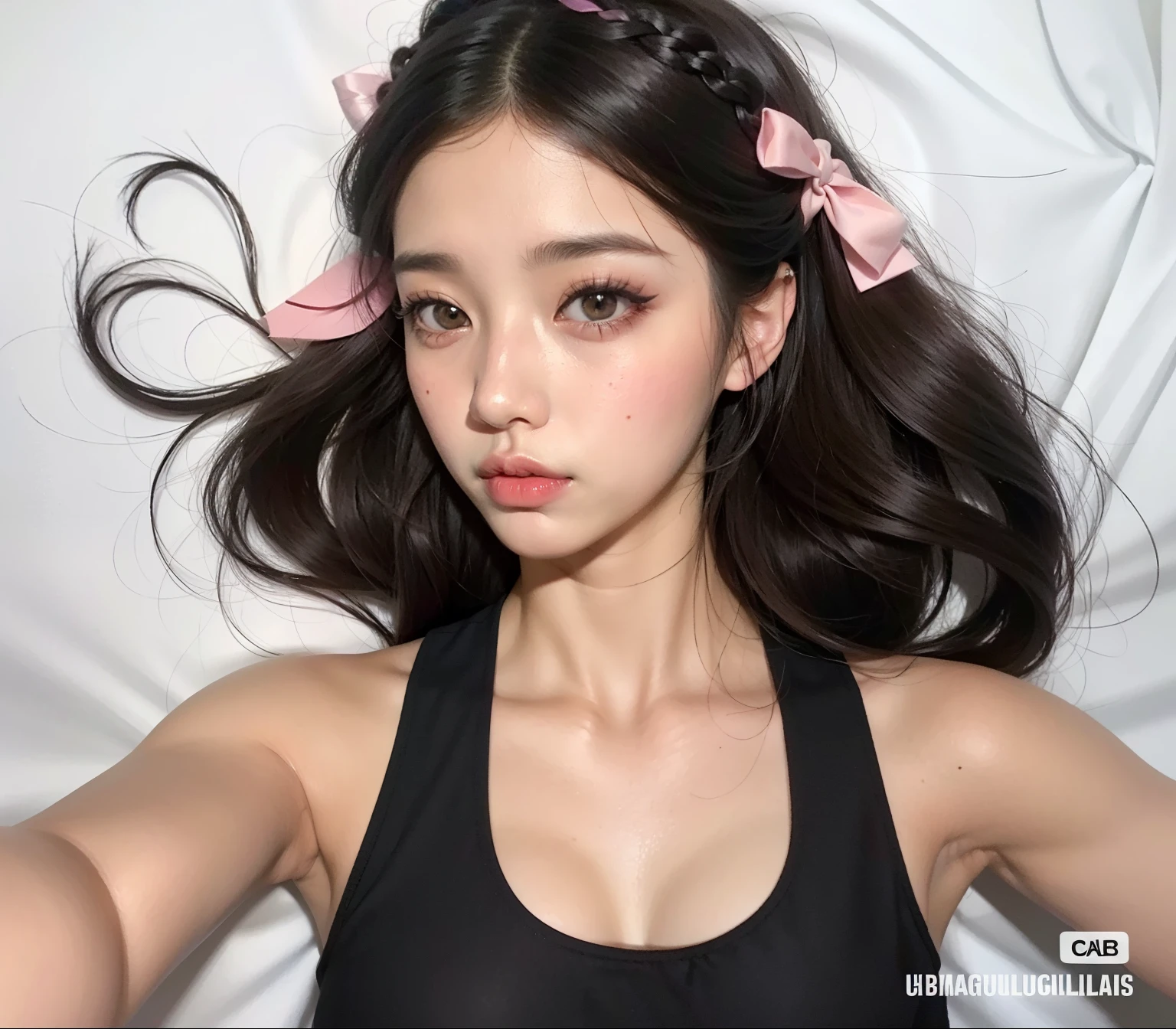 There's a doll in a black blouse and a pink bow in her hair, ulzzang, con pelo largo y ojos penetrantes, pale korean adorable face, muy hermosa linda catgirl, jinyoung shin, cara muy bonita, muchacha coreana, maquillaje popular de corea del sur, joven y adorable rostro coreano, maquillaje coreano popular, modelo de instagram, ojos grandes y cabello largo y suelto