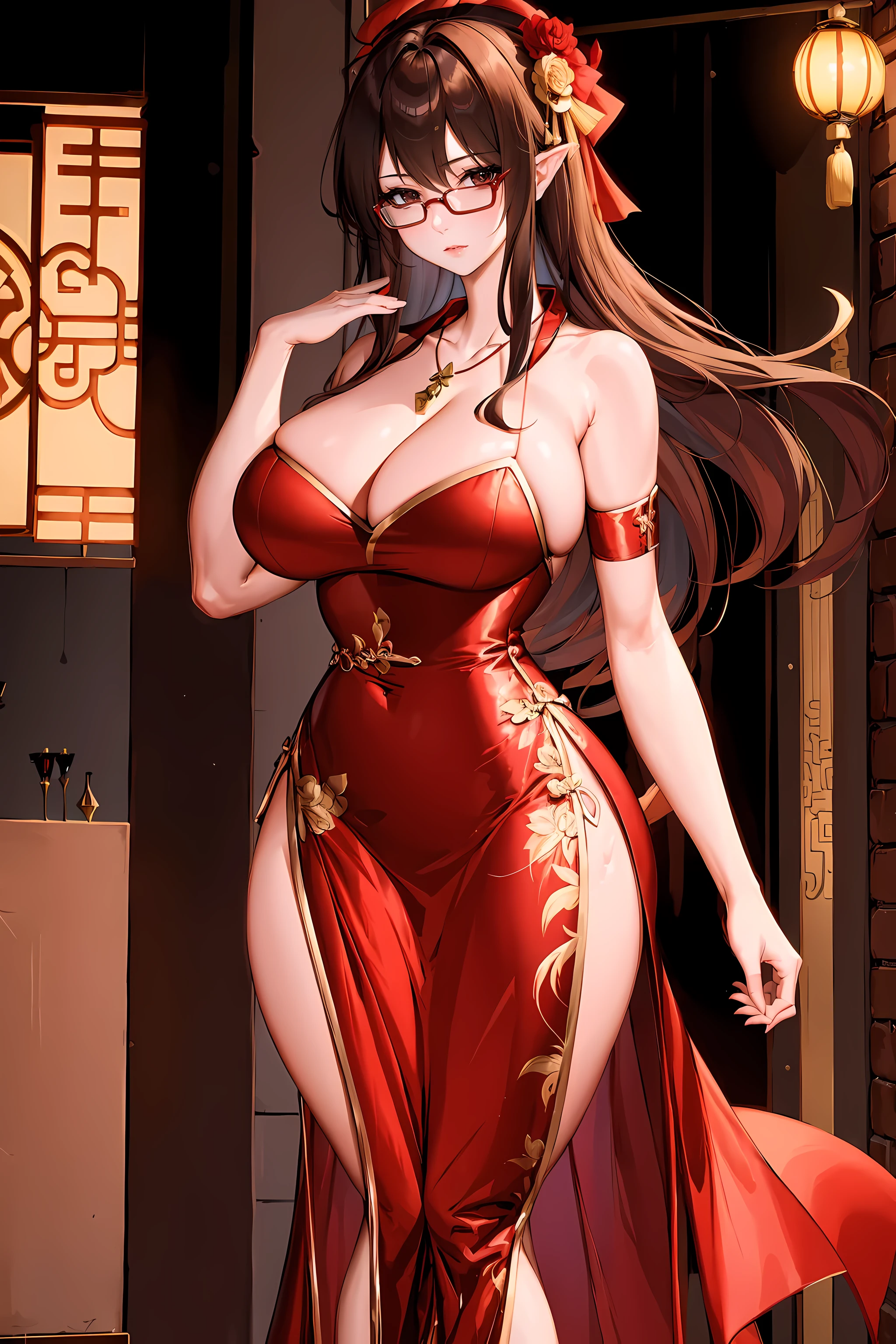 女Elf, Glasses, lace, 彩色long skirt, long skirt, tape, Elf, Japanese animation, game character, middle Ages, (best picture quality,4k,8k,HD,masterpiece:1.2), Ultra-fine, actual, Chinese Hanfu, Chinese architectural background, red scarf, hair accessories, necklace, jewelry, pretty face, Delicate figure, todorov effect, dark studio, edge lighting, two-tone lighting, (HD皮肤:1.2), 8k 超HD, SLR camera, soft light, high quality, Lots of lighting, frank, photo, high resolution, 4k, 8k, Vague, Girl in Red,Very sexy milf,Devil figure