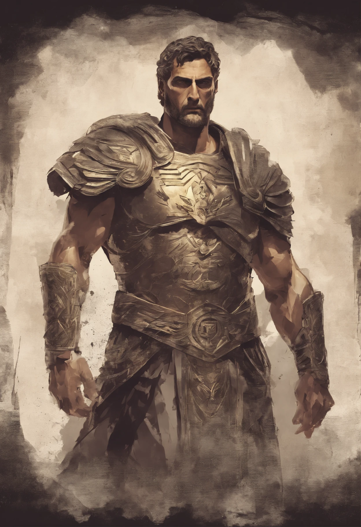 Generate an image of a powerful Roman figure with a stoic and challenging expression, , showcasing his entire muscular upper body, captured from a frontal camera angle, background is like a old paper, he is wearing blazer, a suspicious smile in his face, looking at camera