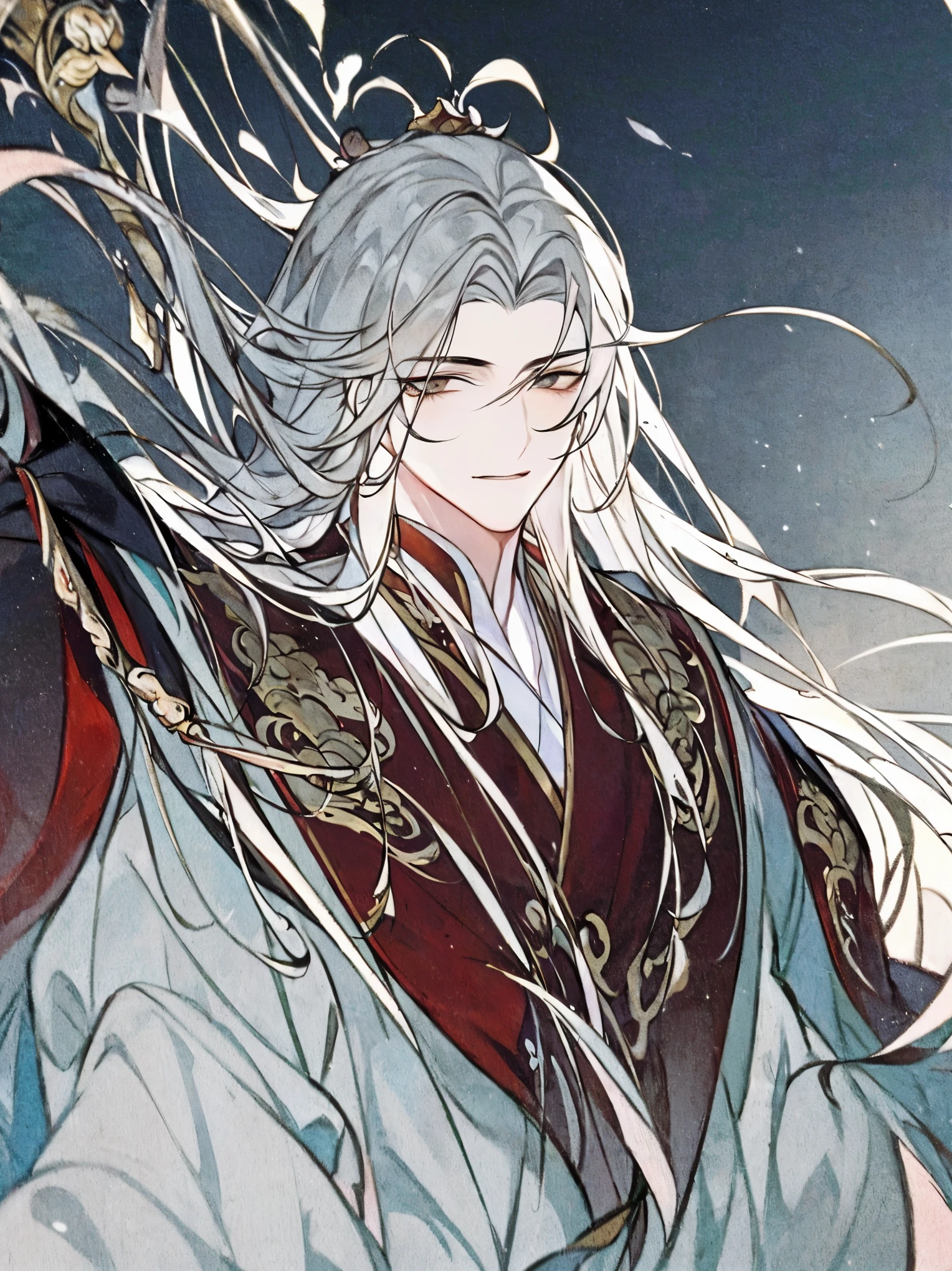 (extremely detailed 8K wallpaper),(ultra-detailed),(best quality),(masterpiece),(highly detailed),(cinematic lighting),(Original),Cold ligh,moody,(Chinese elaborate-style painting ),ink style,32K depth of field,1boy,Ancient Chinese youth,((hansome)),White clothes,long white hair,((simple white background))