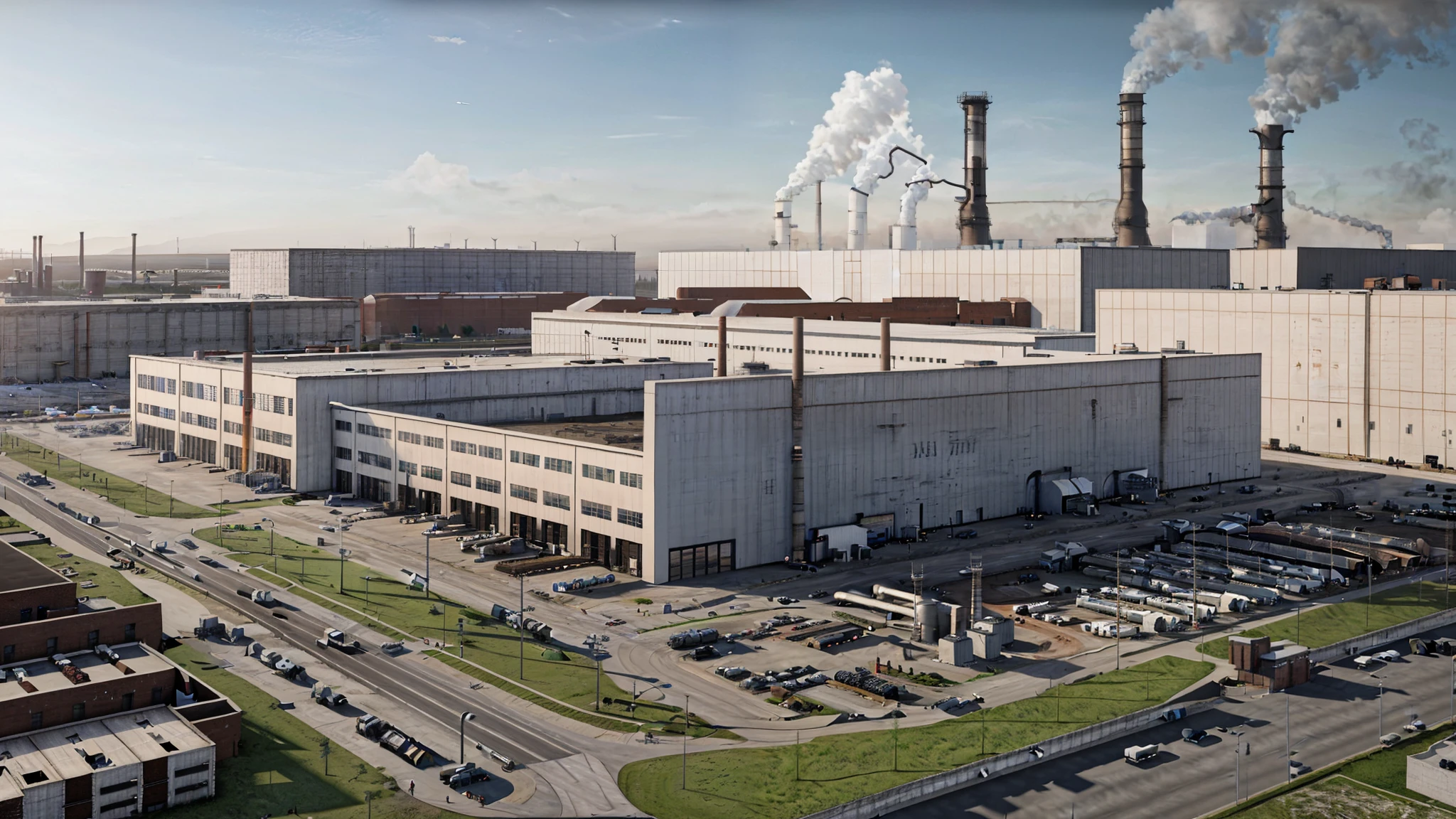 Factory renderings with large buildings and roads,factory background, industrial factory, industrial plant environment,  Realistic scene, industrial building, Architectural renderings, CG rendering, Detailed factory, industrial environment, Architectural 3D rendering, High quality rendering, Hyper-realistic rendering, Surreal的, Surreal