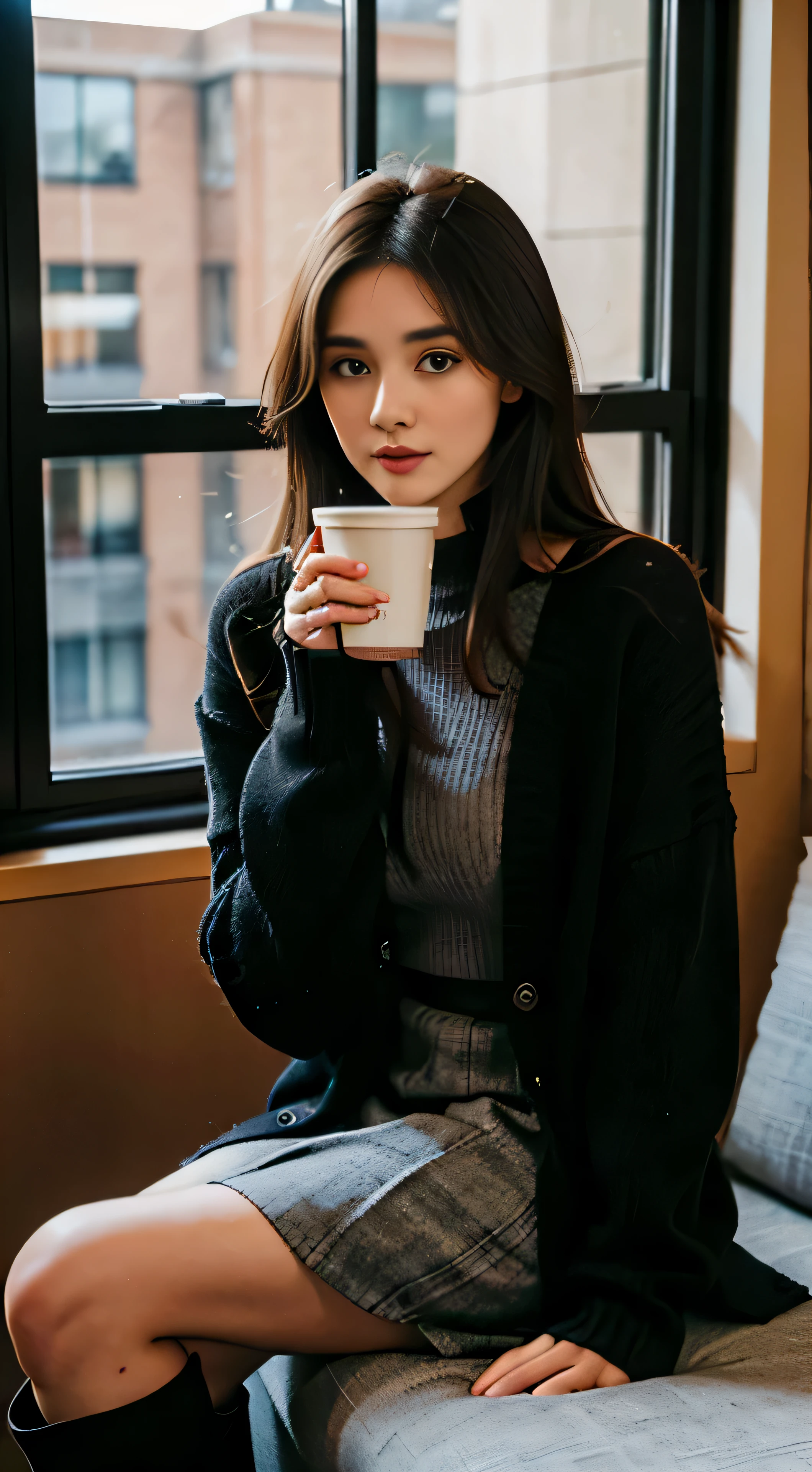 Indoors, a 25-year-old woman named Amelia is captured in a portrait, holding a steaming coffee cup with one hand. She wears a fashionable black cropped knitted cardigan, revealing a hint of her slender arms. The bottom half of her attire consists of a dark red narrow skirt, accentuated with a black plaid pattern, and black knee-high suede boots that add an element of sophistication. Amelia stands next to an office window, the soft light streaming in, casting long shadows and illuminating her features.

((25-year-old woman:1.3)) ((coffee:1.2)) ((black cropped knitted