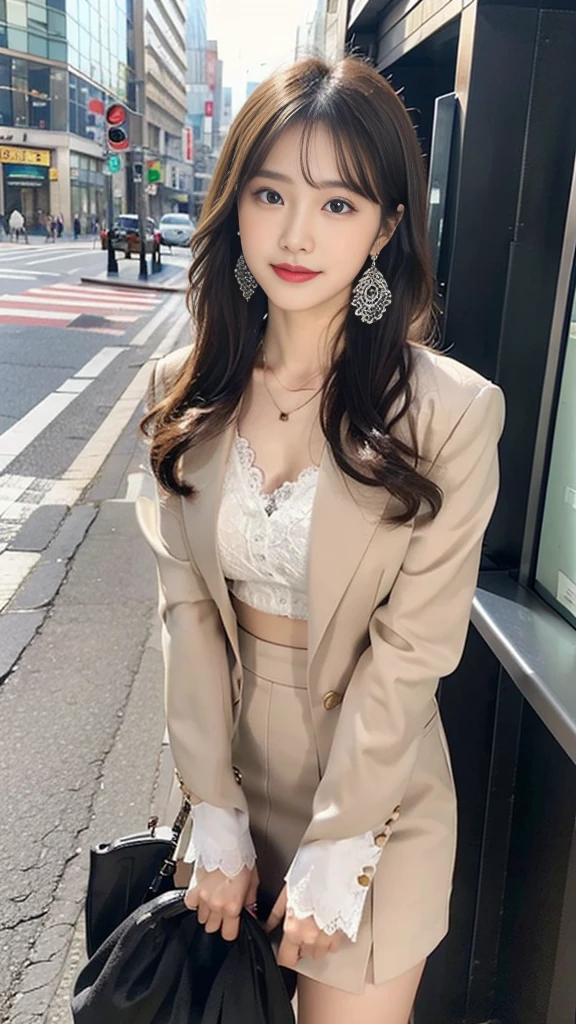 (32K,high detail,high details,High resolution,high density,solo,:1.6),(realistic person々,live action,detailed eye,High resolutionの目,fine eyes,Eyes that look like they're alive,beautiful dark blue eyes,Fishing eyes,lip details,clear white skin,detailed realistic face:1.3),(japanese id,korean idol,japanese model,korean model:1.2),(with a flushed face,natural makeup,necklace,earrings:1.4)(Knee-length skirt with deep cut,blouse with white lace,high heel red pumps,business casual fashion:1.6),(well-shaped chest:1.5),(A young but very beautiful and elegant Japanese person々16 years old ,cute eyes,smile a little,backwards,looked back,looking at camera,fashion leader,business girl,,soft skin,Unforgettable eyes,her eyes are too beautiful,Business Fashion Skirt Skirt:1.6),(Show me your whole body,show off your whole body fashion:1.6)