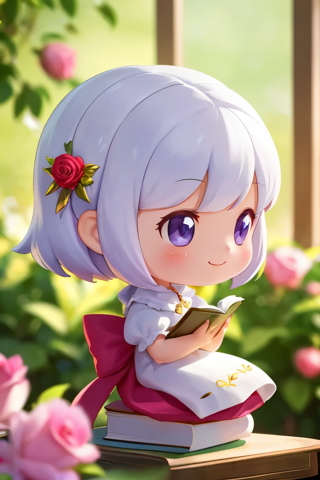 1Chibi girl smelling the scent of rose flowers in a book、Jewel-like eyes、Take a super close-up shot of lips from the side、smile