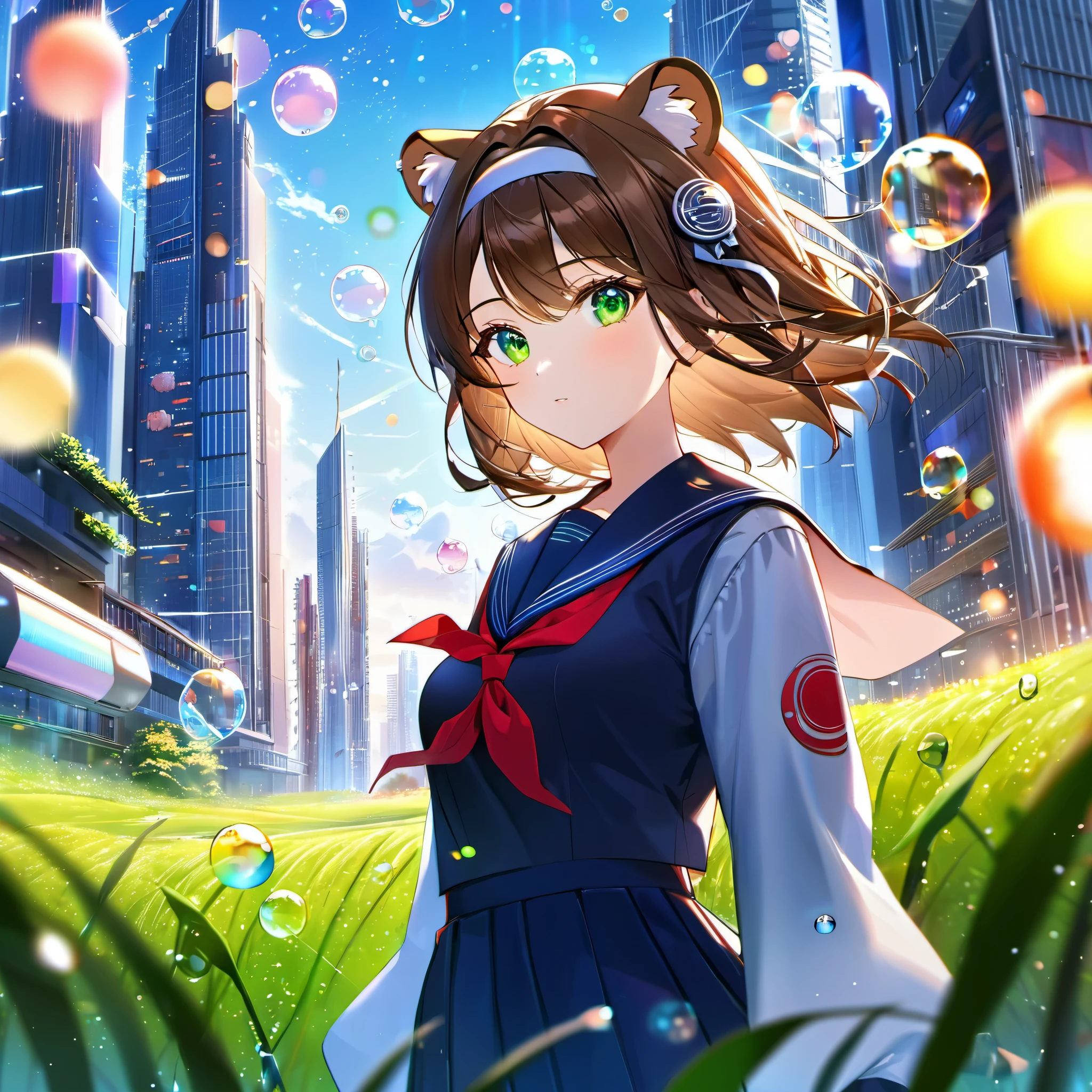 (best quality,4k,highres),ultra-detailed,realistic,portraits, Japaneese school girl, green eyes, long brown hair,anime style,futuristic, Frutiger Aero aesthetic, eco- modernism, bokeh, ribbon headband,small breast,futuristic sailor ****ta dress,puffy sleeves,white and blue,colorful lighting, red ribbon, navy blue pantyhose, school shoes, school bag, school crest, floating bubbles, standing in a green field with distant futuristic skyscrapers in the background, tertiary colors, highly detailed, 4K.