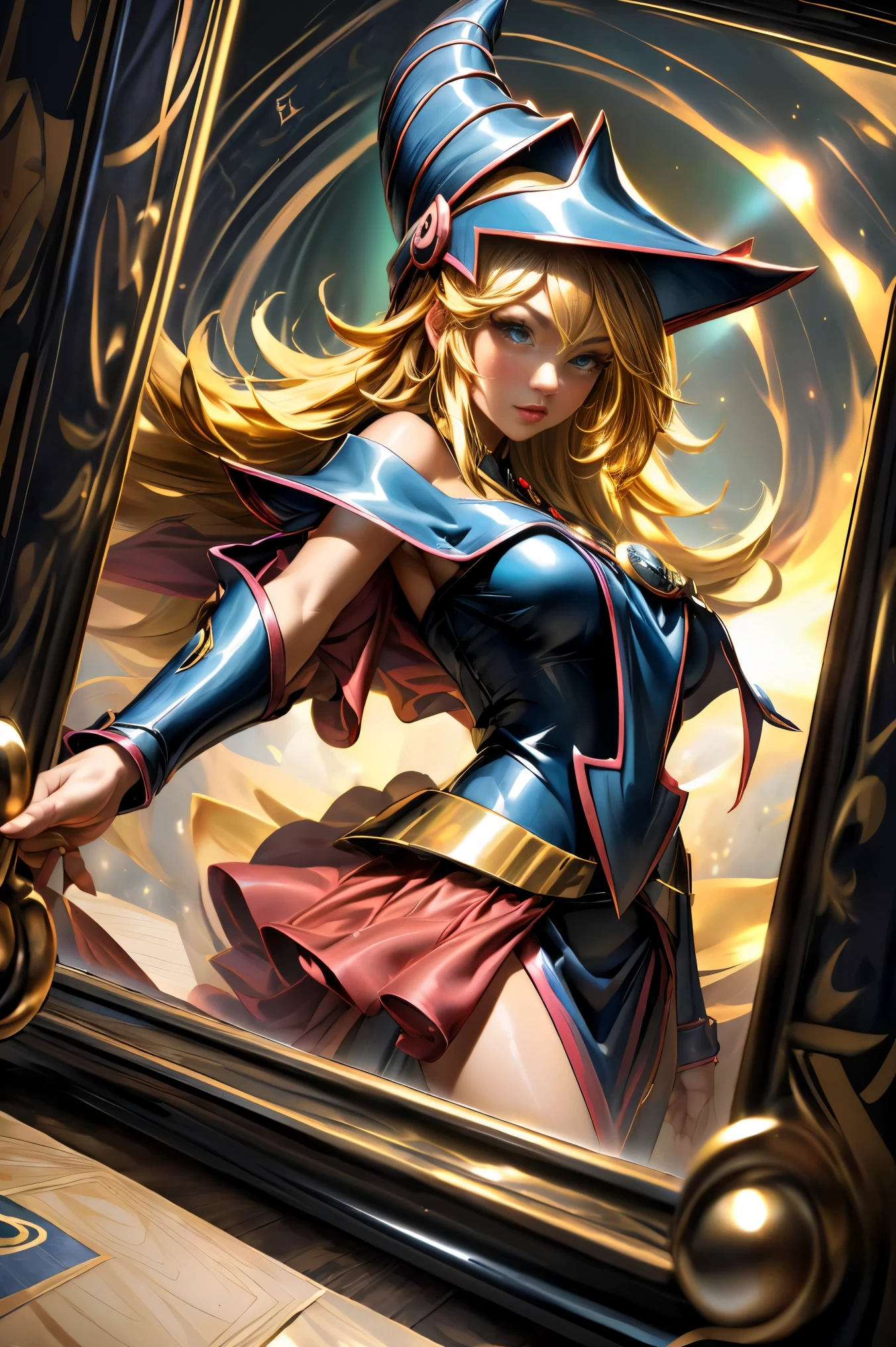 Un mago negro flotando tiernamente, magical aura, fantastic background, Runas brillantes, (( una carta de Yu-Gi-Oh debajo)), giving the impression that she has been summoned,epic composition, (Intrincado alto detalle), (complex design, Ultra-detalles :1.2), art station, (obra maestra, la mejor calidra HD, 32k ,octanaje renderizado, bioluminiscente,8K concept art resolution, realismo,por Mappa studios,obra maestra,la mejor calidad,Arte oficial,illustration,Delete line,(Fresco_Color),perfect composition,Absurdo, fancy,( debajo hay un mapa de Yu-Gi-Oh), Diagramas