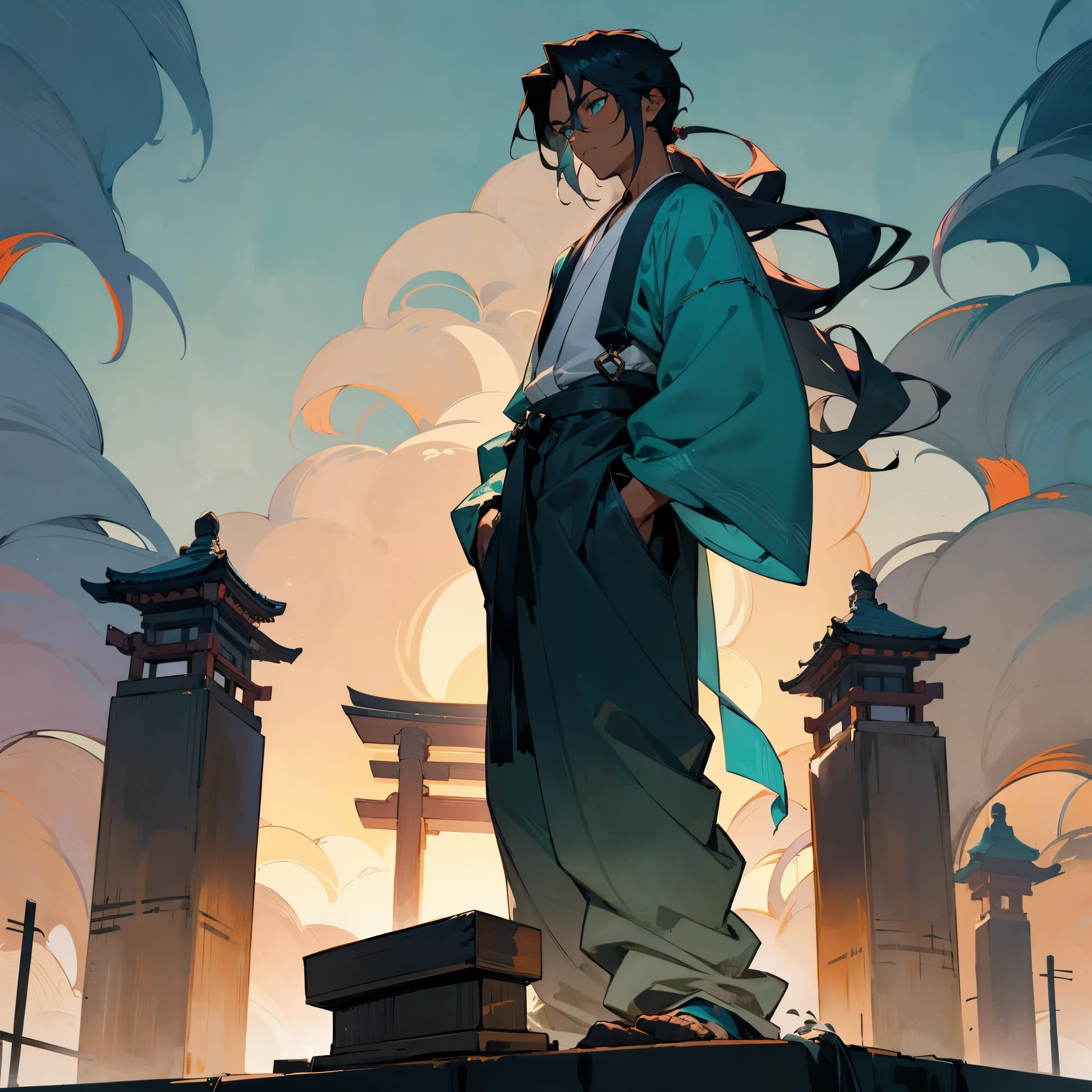 1male, adult, dark skin, finely detailed aqua eyes, wavy tied back hair, undercut, black ombré hair color, loose haori, loose baggy pants, standing with hands in pockets, standing in shrine, night, village, serious, confident