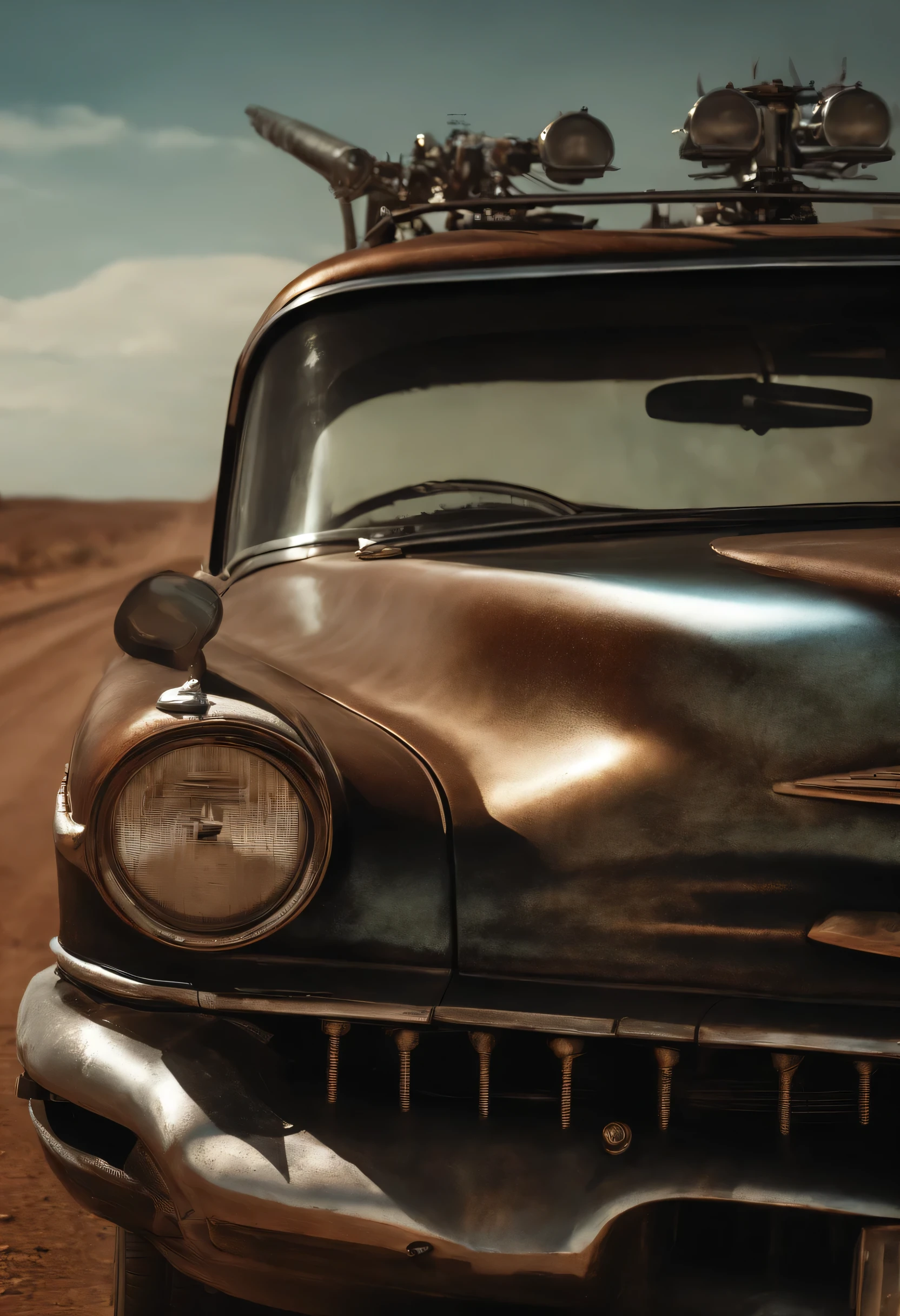 faithful image of an old rusty 1955 cadilac eldorado with spikes and spikes on the hood, carro steampunk, dramatic art, estilo de arte dieselpunk, apocalyptic road warrior vibe, a girl with sunglasses is inside the car, Arte digital surreal, Mad Max inspirado, heavy metallic artwork, simetria da face cromada, arte Steampunk digital, It's not the Mad Max style, metallic art, It's not Filip Hodas' art style, arte digital steampunk, dieselpunk, em um mundo hightech