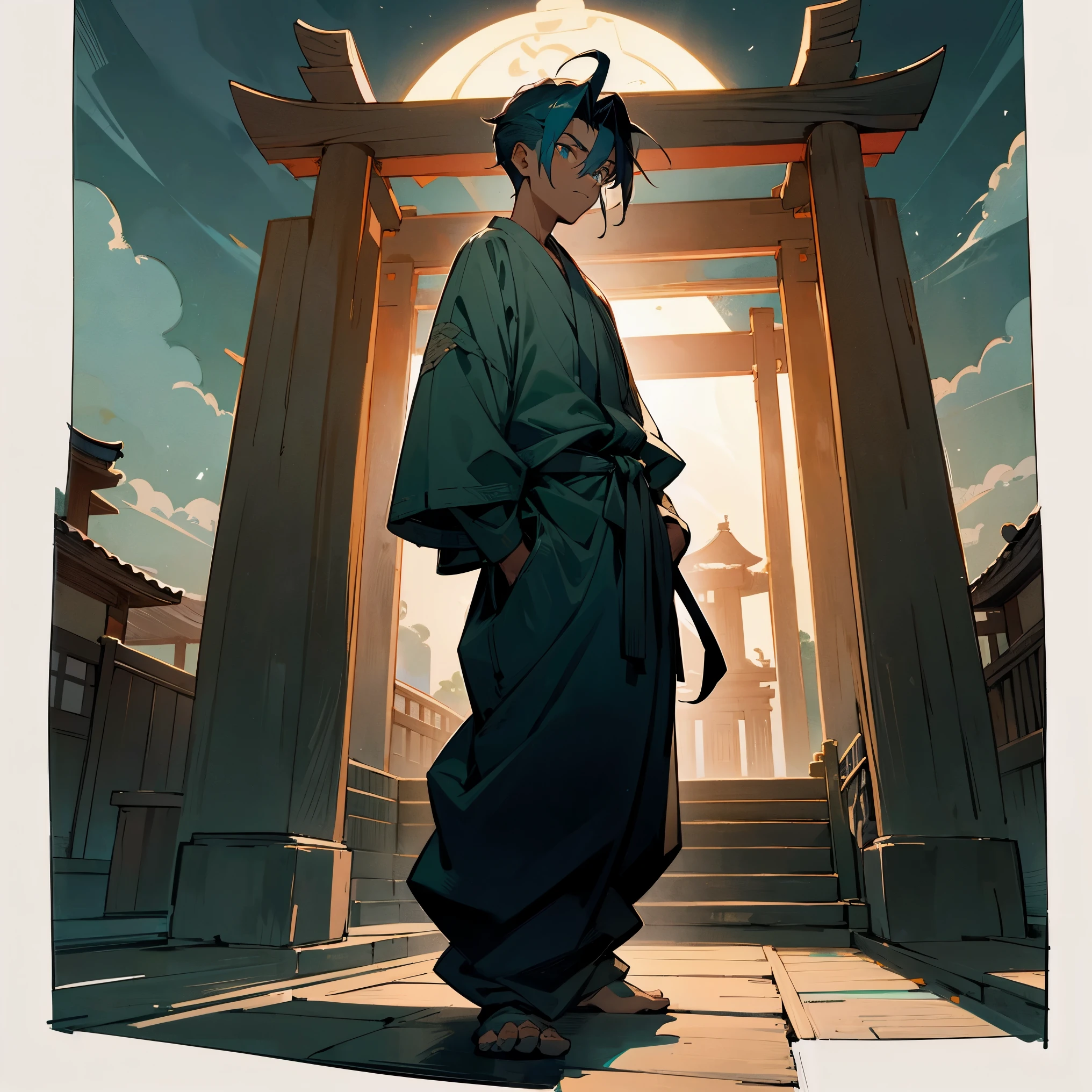 1male, adult, dark skin, finely detailed aqua eyes, wavy tied back hair, undercut, black ombré hair color, loose haori, loose baggy pants, standing with hands in pockets, standing in shrine, night, village, serious, confident 