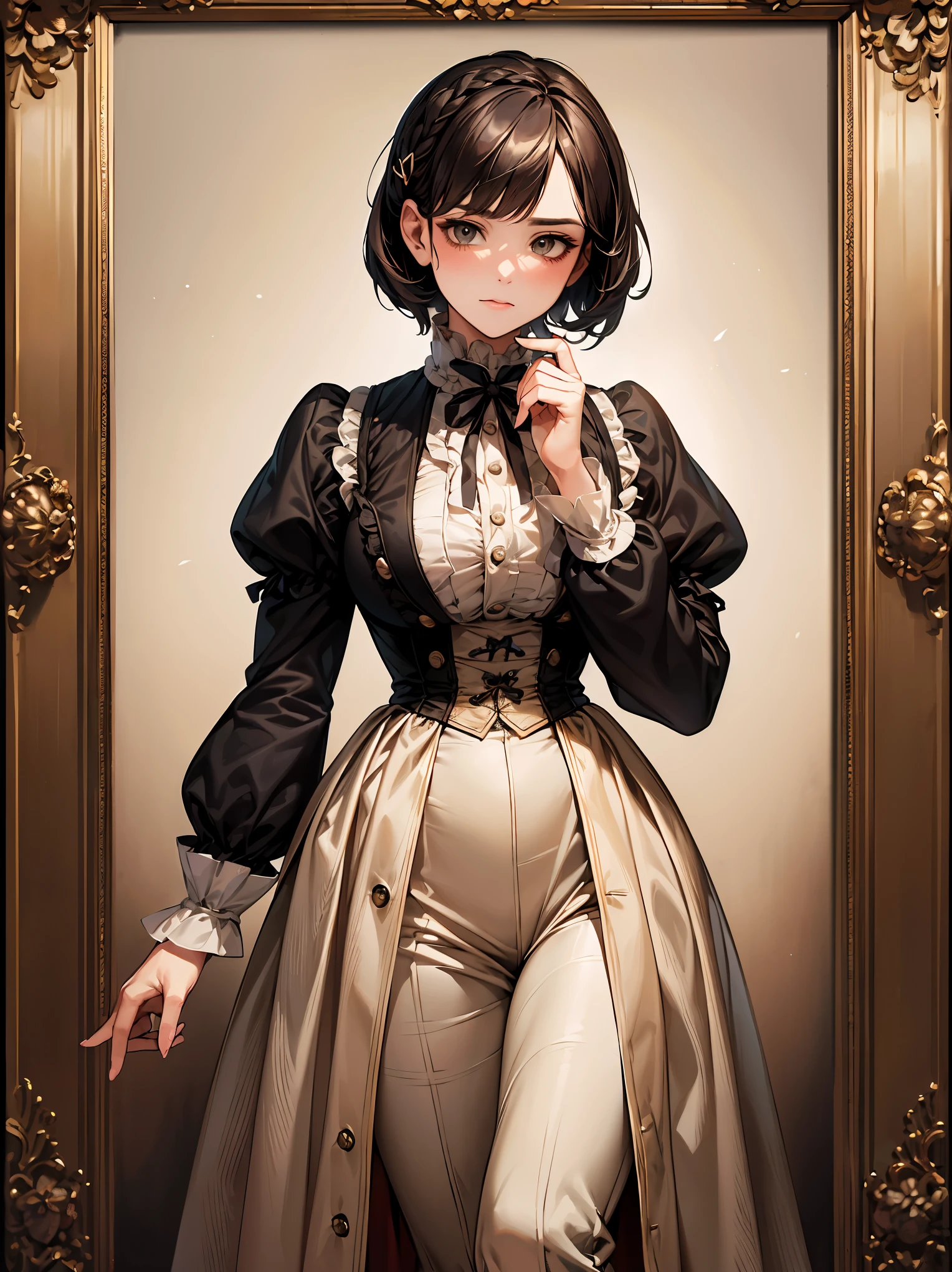 (highest quality、16K、masterpiece、ultra high resolution、Victorian era、Photoreal:1.2)、cowboy shot、One length bob cut braided hair clip with front drop、big ribbon、brand uniform　cute、clear、 Tsundere、heroine attributes、artistic shadow
