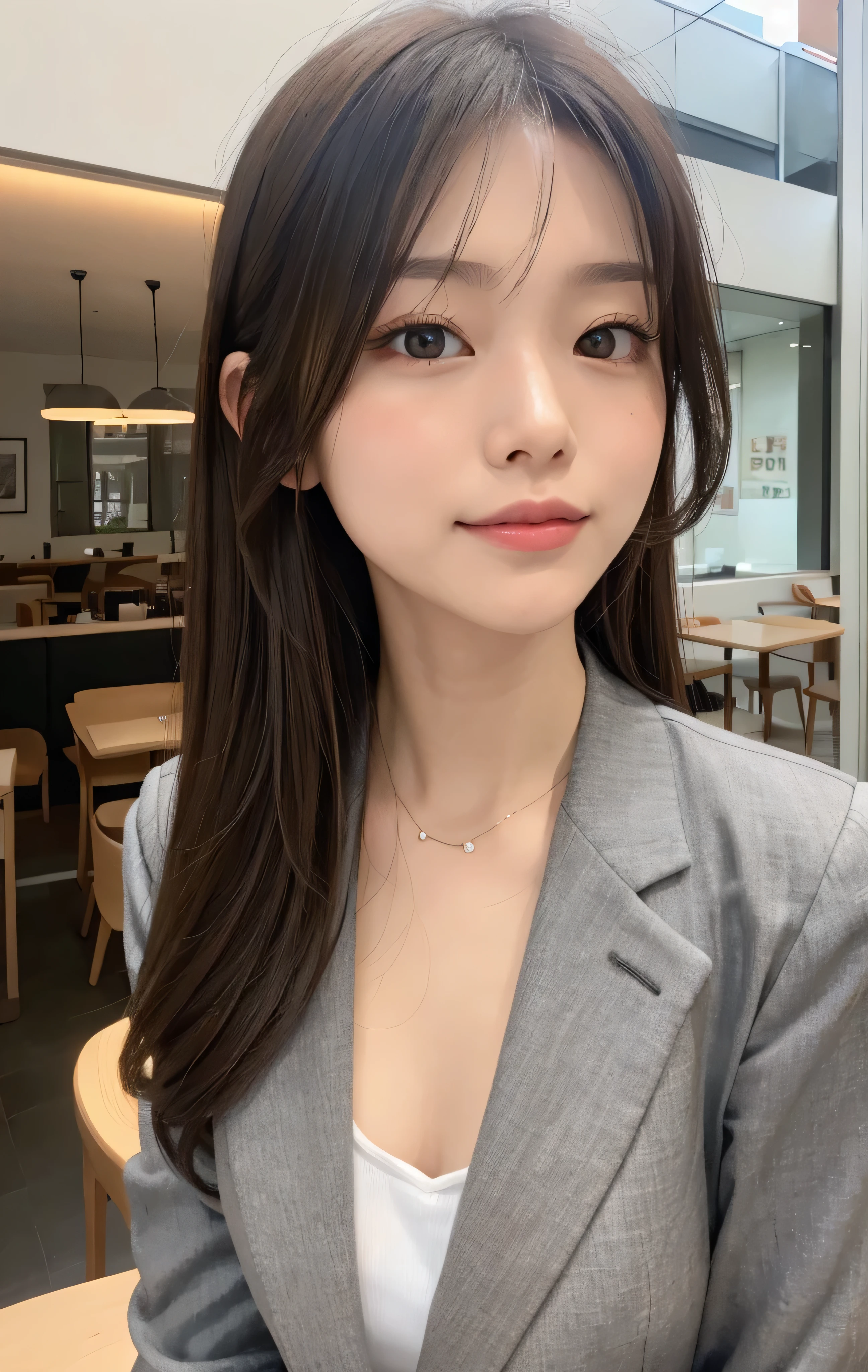 NSFW,table top,(Super high quality),japanese girl,Delicate face during lunch,delicate skin,delicate nose,delicate lips,delicate hair,beautiful face,angle facing the viewer,laugh and have fun,stylish cafe,beautiful cityscape,smooth semi-long chignon,delicate eyes(Eyes like the real thing),gray business suit,Around 24 years old,Good weather,professional lighting,
