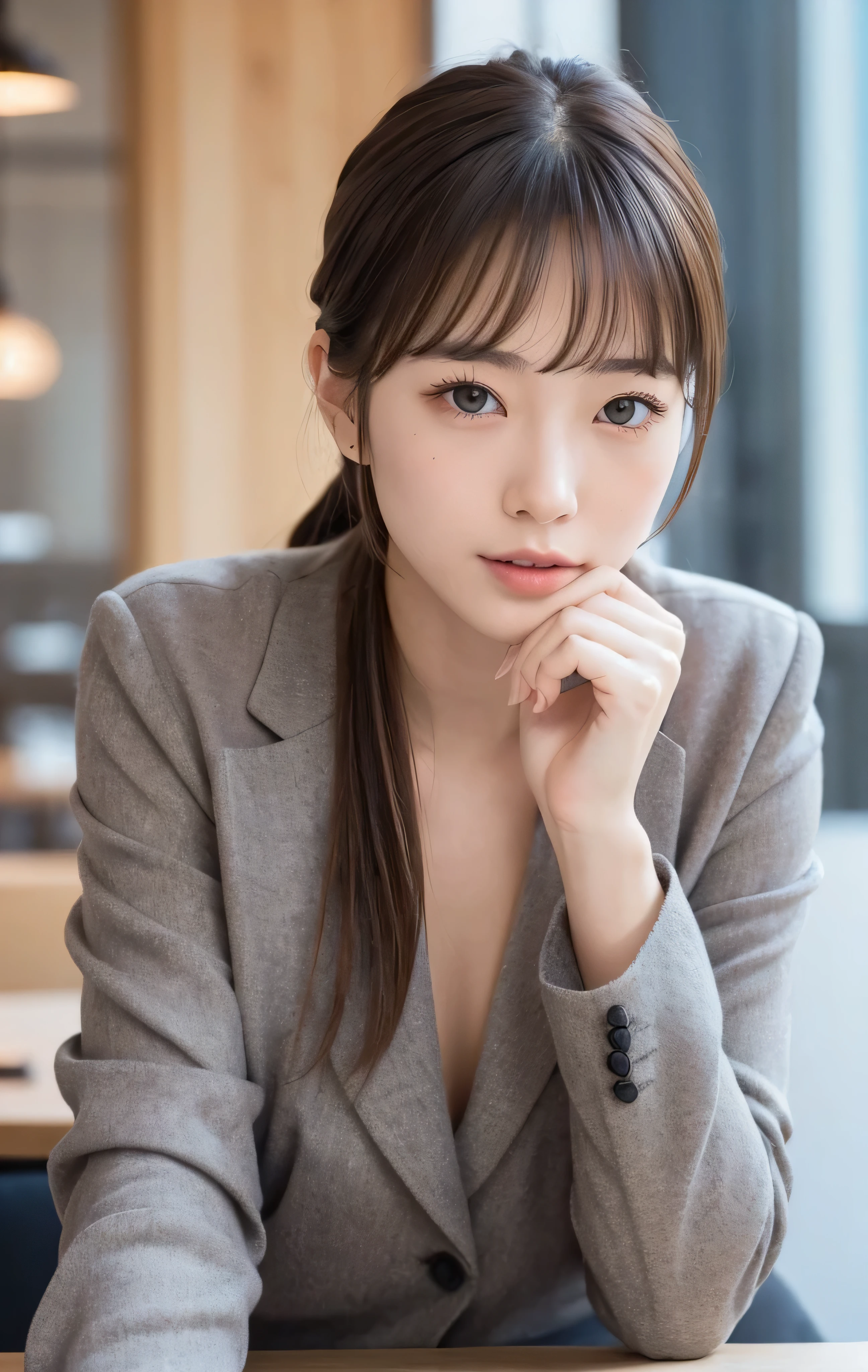 NSFW,table top,(Super high quality),japanese girl,Delicate face during lunch,delicate skin,delicate nose,delicate lips,delicate hair,beautiful face,angle facing the viewer,laugh and have fun,stylish cafe,beautiful cityscape,smooth semi-long chignon,delicate eyes(Eyes like the real thing),gray business suit,Around 24 years old,Good weather,professional lighting,