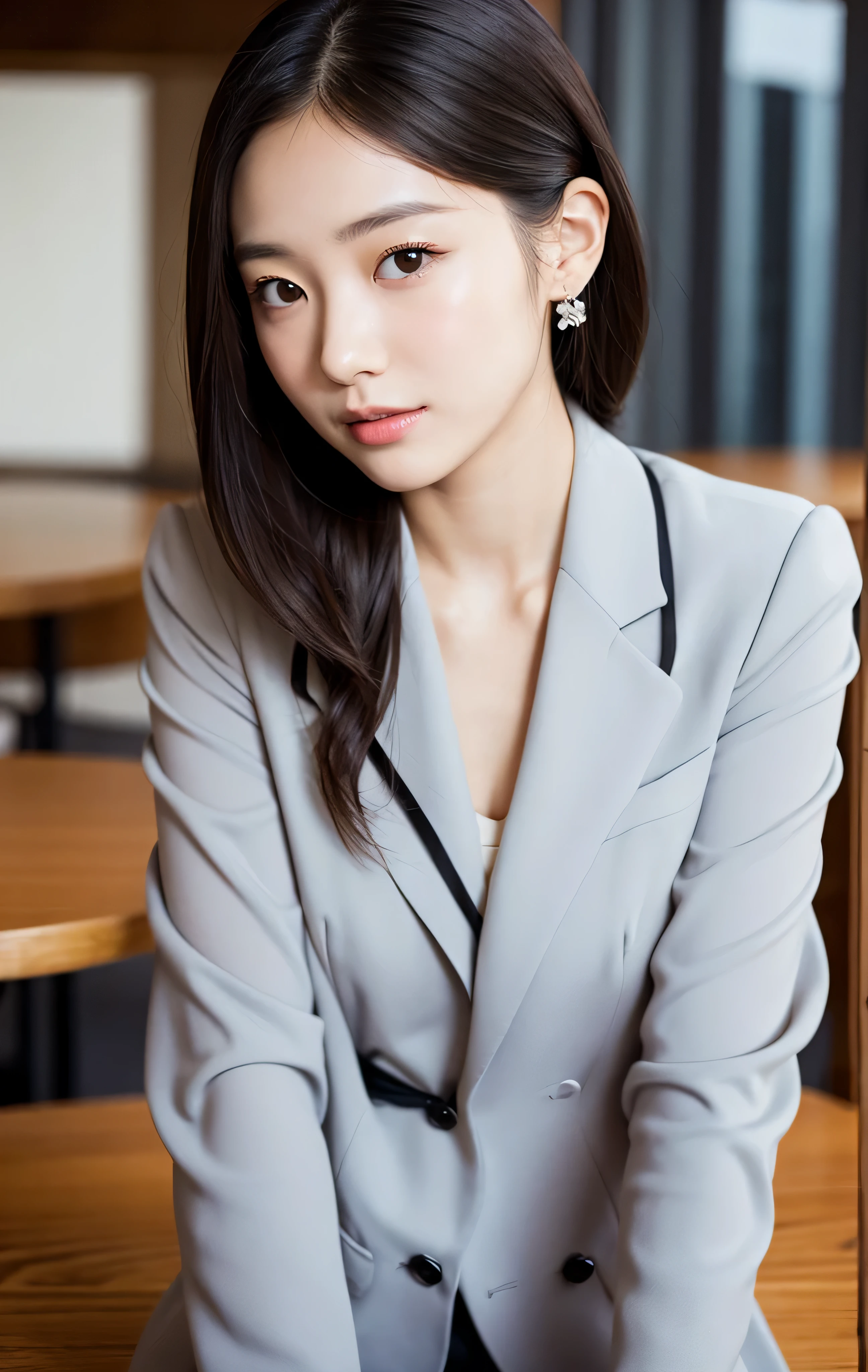 NSFW,table top,(Super high quality),japanese girl,Delicate face during lunch,delicate skin,delicate nose,delicate lips,delicate hair,beautiful face,angle facing the viewer,laugh and have fun,stylish cafe,beautiful cityscape,smooth semi-long chignon,delicate eyes(Eyes like the real thing),gray business suit,Around 24 years old,Good weather,professional lighting,