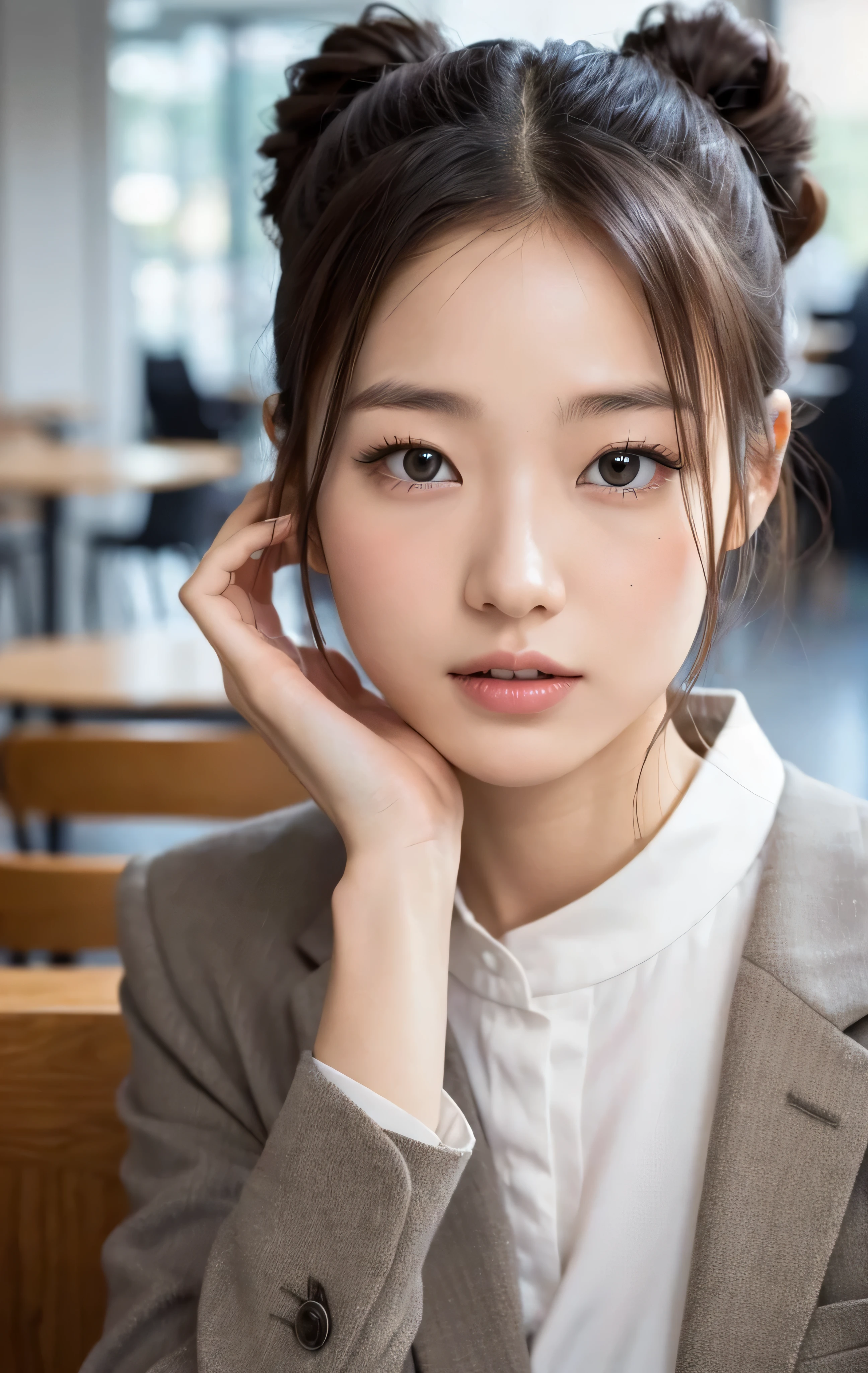 NSFW,table top,(Super high quality),japanese girl,Delicate face during lunch,delicate skin,delicate nose,delicate lips,delicate hair,beautiful face,angle facing the viewer,laugh and have fun,stylish cafe,beautiful cityscape,smooth semi-long chignon,delicate eyes(Eyes like the real thing),gray business suit,Around 24 years old,Good weather,professional lighting,