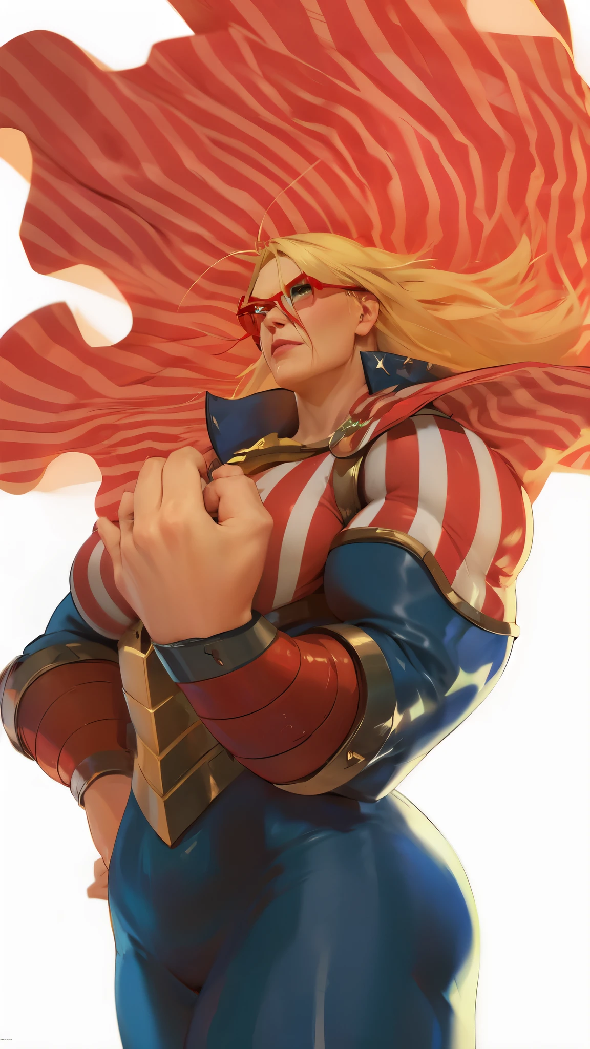 a cartoon image of a woman with a red and white striped shirt and glasses, joe biden as a jojo character, super saiyan joe biden, joe biden as an anime villain, his cape is the american flag, anime joe biden, char aznable album art, casimir art, super saiyan donald trump, boris johnson as captain britain, furio tedesschi