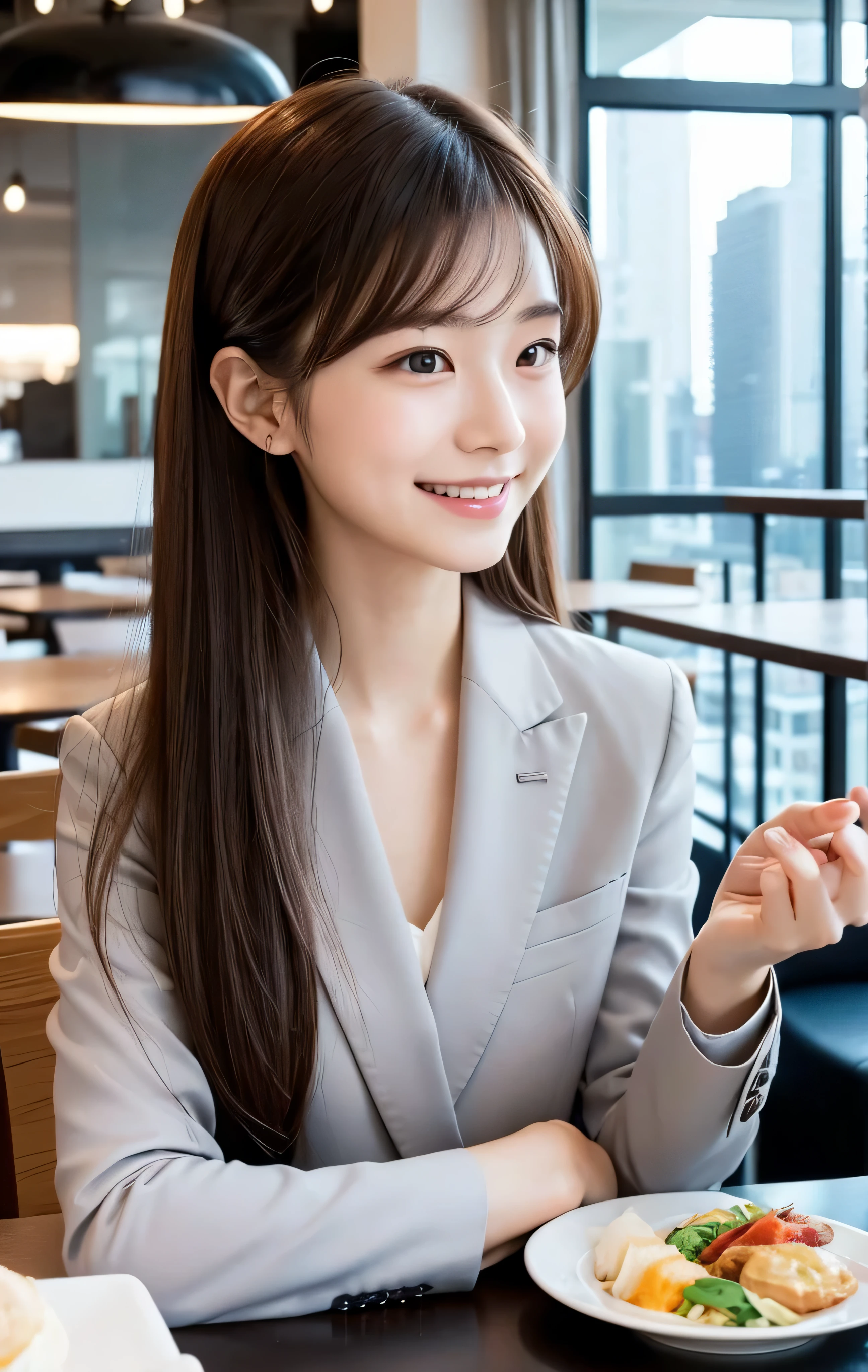 table top,(Super high quality),japanese girl,Delicate face during lunch,delicate skin,delicate nose,delicate lips,delicate hair,beautiful face,angle facing the viewer,laugh and have fun,stylish cafe,beautiful cityscape,smooth semi-long chignon,delicate eyes(Eyes like the real thing),gray business suit,Around 24 years old,Good weather,professional lighting,