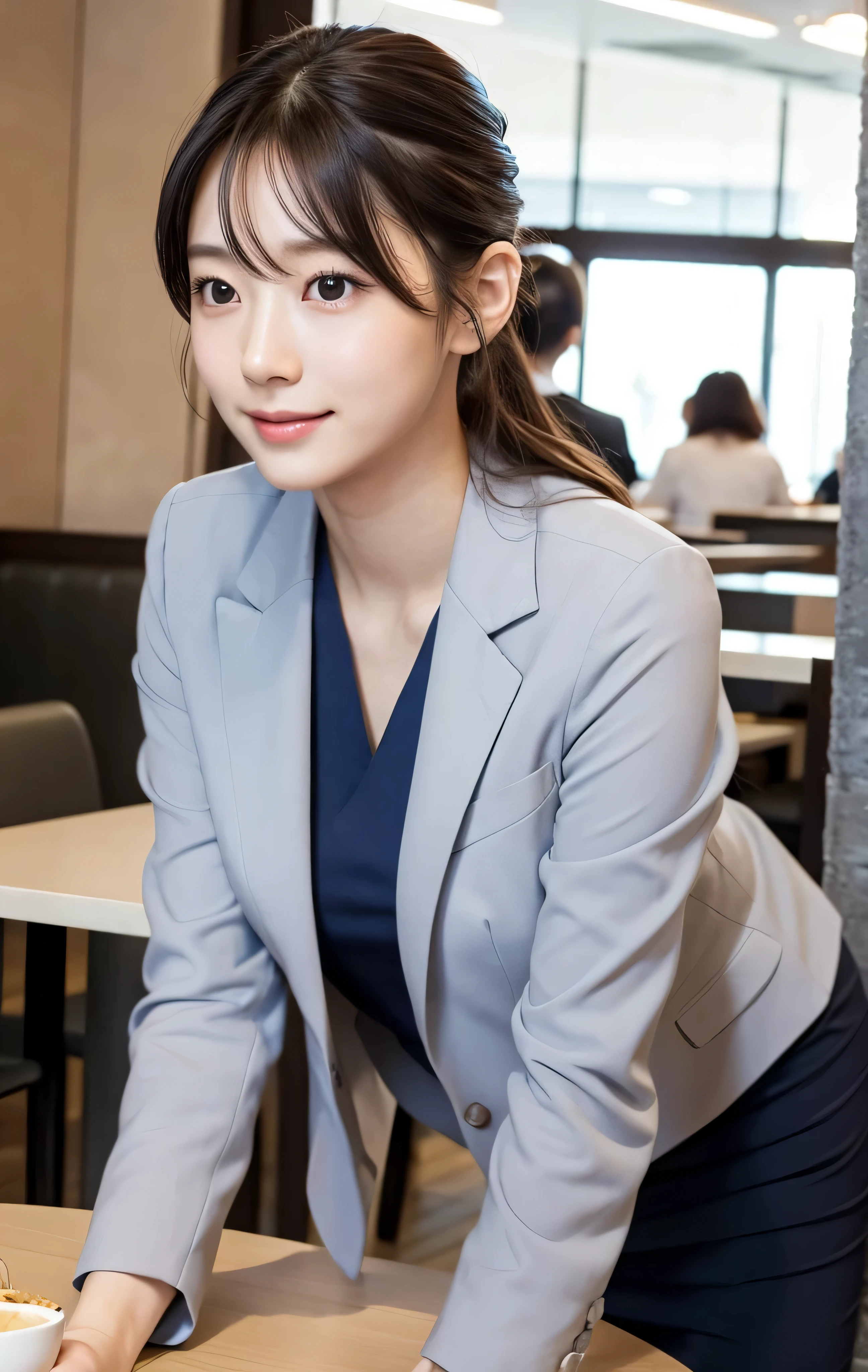 table top,(Super high quality),japanese girl,Delicate face during lunch,delicate skin,delicate nose,delicate lips,delicate hair,beautiful face,angle facing the viewer,laugh and have fun,stylish cafe,beautiful cityscape,smooth semi-long chignon,delicate eyes(Eyes like the real thing),gray business suit,Around 24 years old,Good weather,professional lighting,