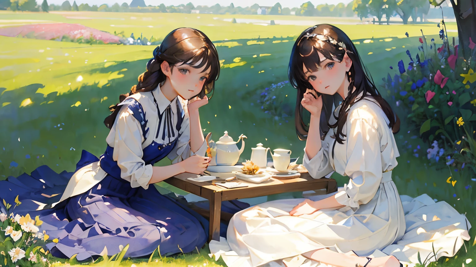 (Sargent style watercolor)、(highest quality、masterpiece)、soft light、view of the cotswolds,old farmhouse、stream、flowers bloom、one woman、dark brown hair、braided hair、White blouse and long skirt、picnic、Tea set、Drinking tea alone、