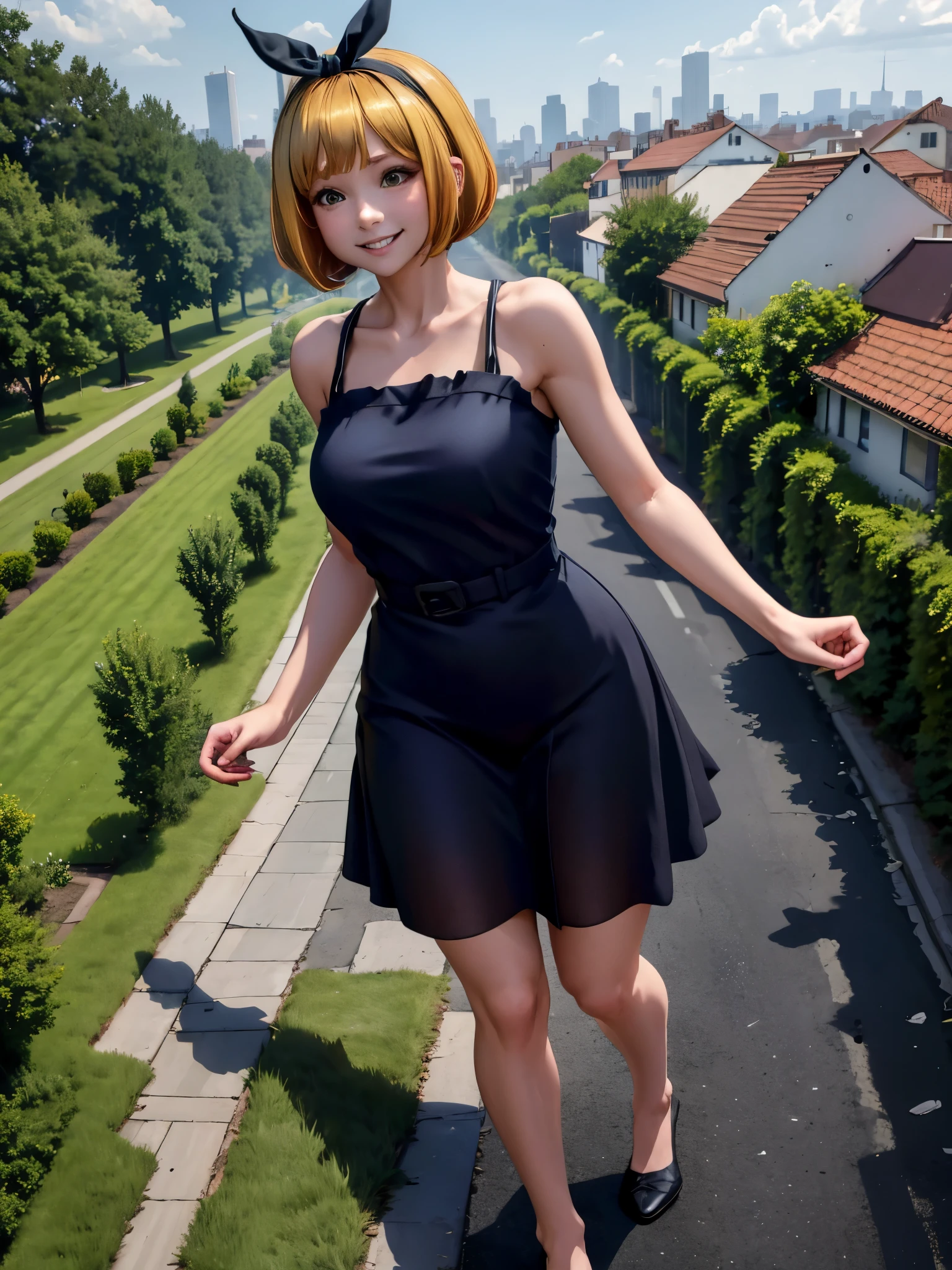 masterpiece, best quality, absurdres, 1girl, solo, giantess, ShushuSuruga, bob cut, black hairband, (yellow sundress), garden, day, sunshine, smile, walking in city