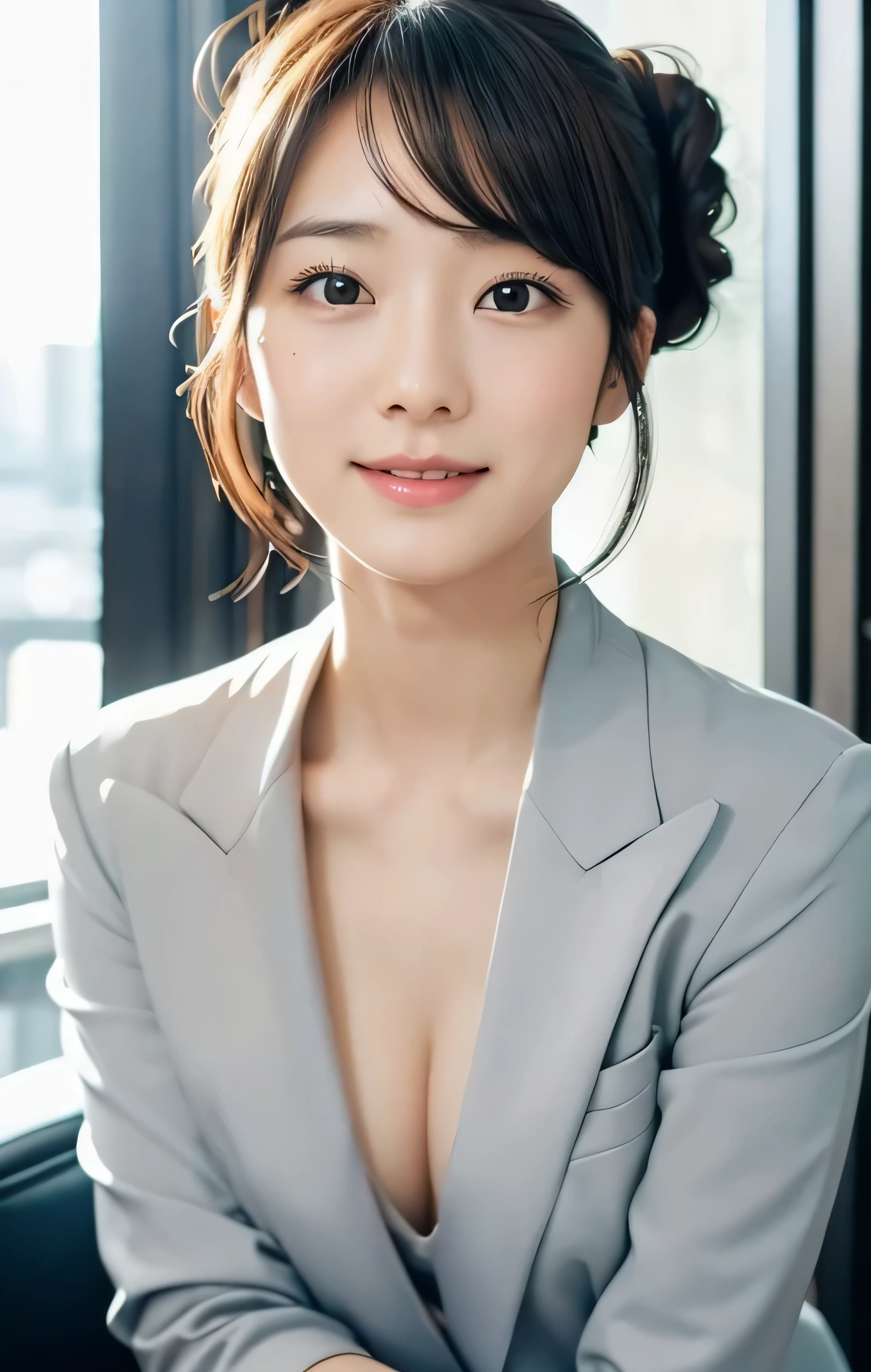 NSFW,table top,(Super high quality),japanese girl,Delicate face during lunch,delicate skin,delicate nose,delicate lips,delicate hair,beautiful face,angle facing the viewer,laugh and have fun,stylish cafe,beautiful cityscape,smooth semi-long chignon,delicate eyes(Eyes like the real thing),gray business suit,Around 24 years old,Good weather,professional lighting,