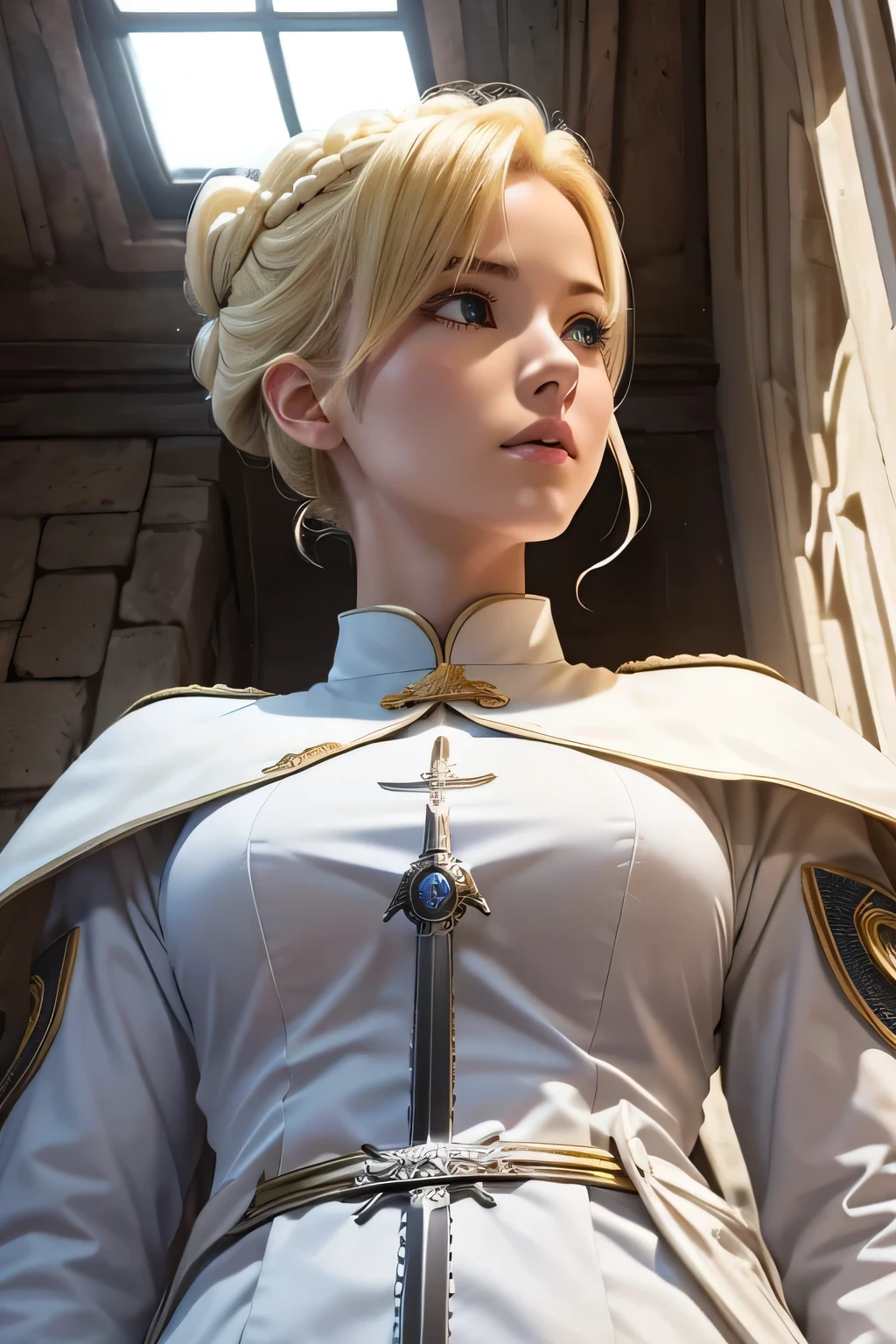 sword of light、white military uniform、beautiful female holy knight、(((blonde updo)))、((whole body))、(((photo taken from below)))、city