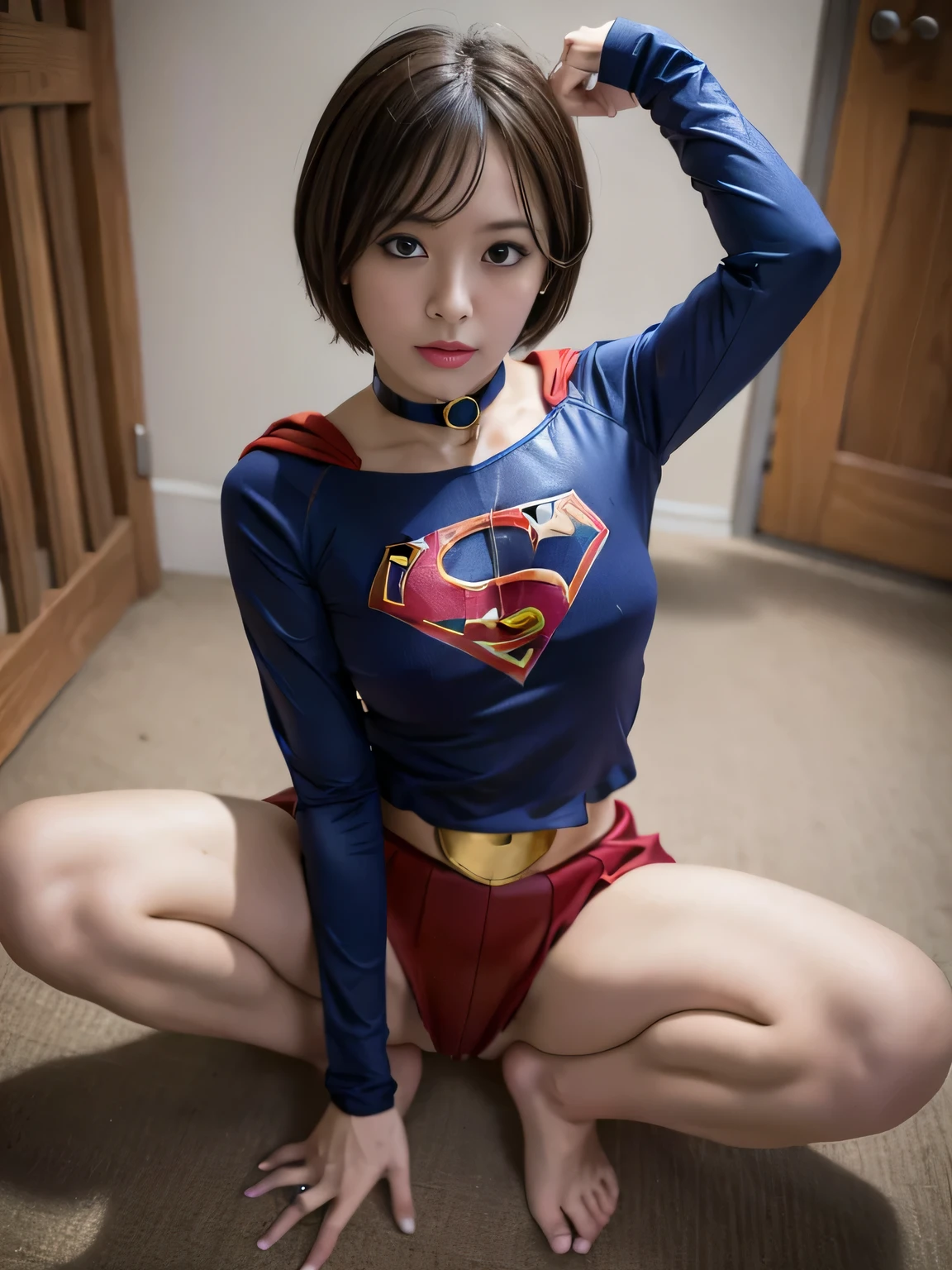 masterpiece、supergirl costume、short hair、barefoot、big and full breasts、Crisis situation、prison、in a cage、sense of abuse、torture、spread your legs、Poor land、shiny、looking at camera、Seduce、choker、long sleeve、red sexy pose、POW camps、humiliating、