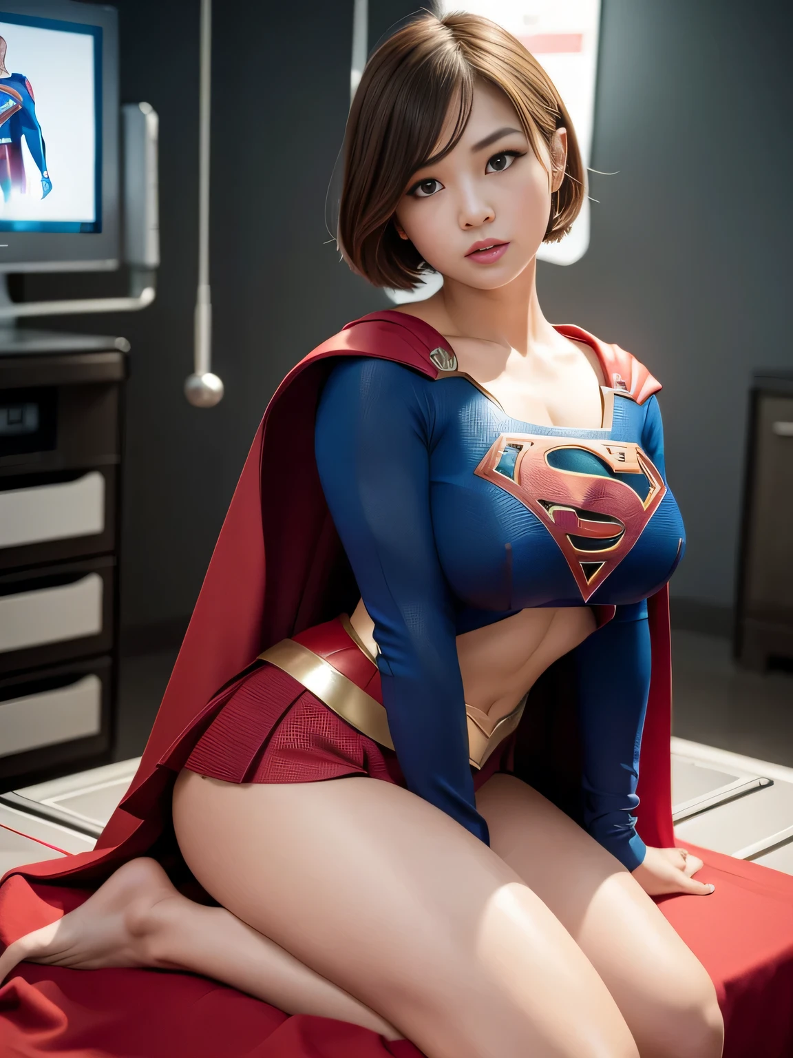 masterpiece、supergirl costume、short hair、barefoot、big and full breasts、operating room、operating table、straddle、damaged、shiny、looking at camera、long sleeve、red mini skirt、