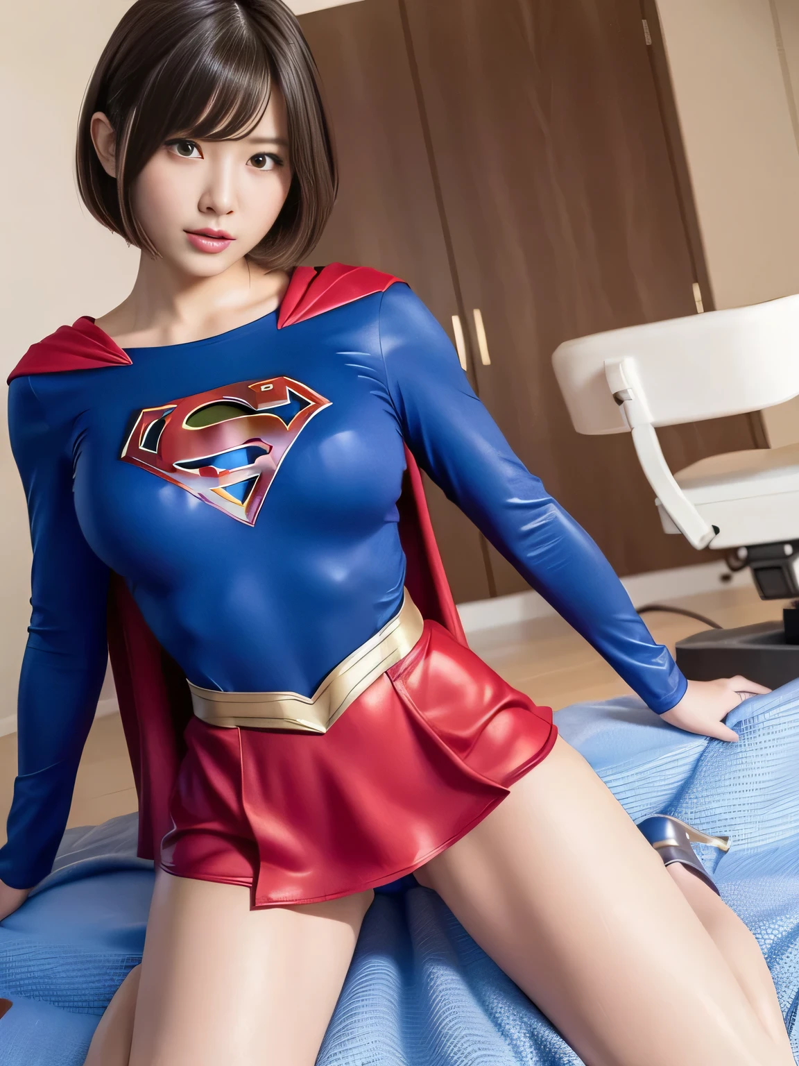 masterpiece、supergirl costume、short hair、barefoot、big and full breasts、operating room、operating table、straddle、damaged、shiny、looking at camera、Seduce、Estrus、Cowgirl、Trance、long sleeve、red mini skirt、