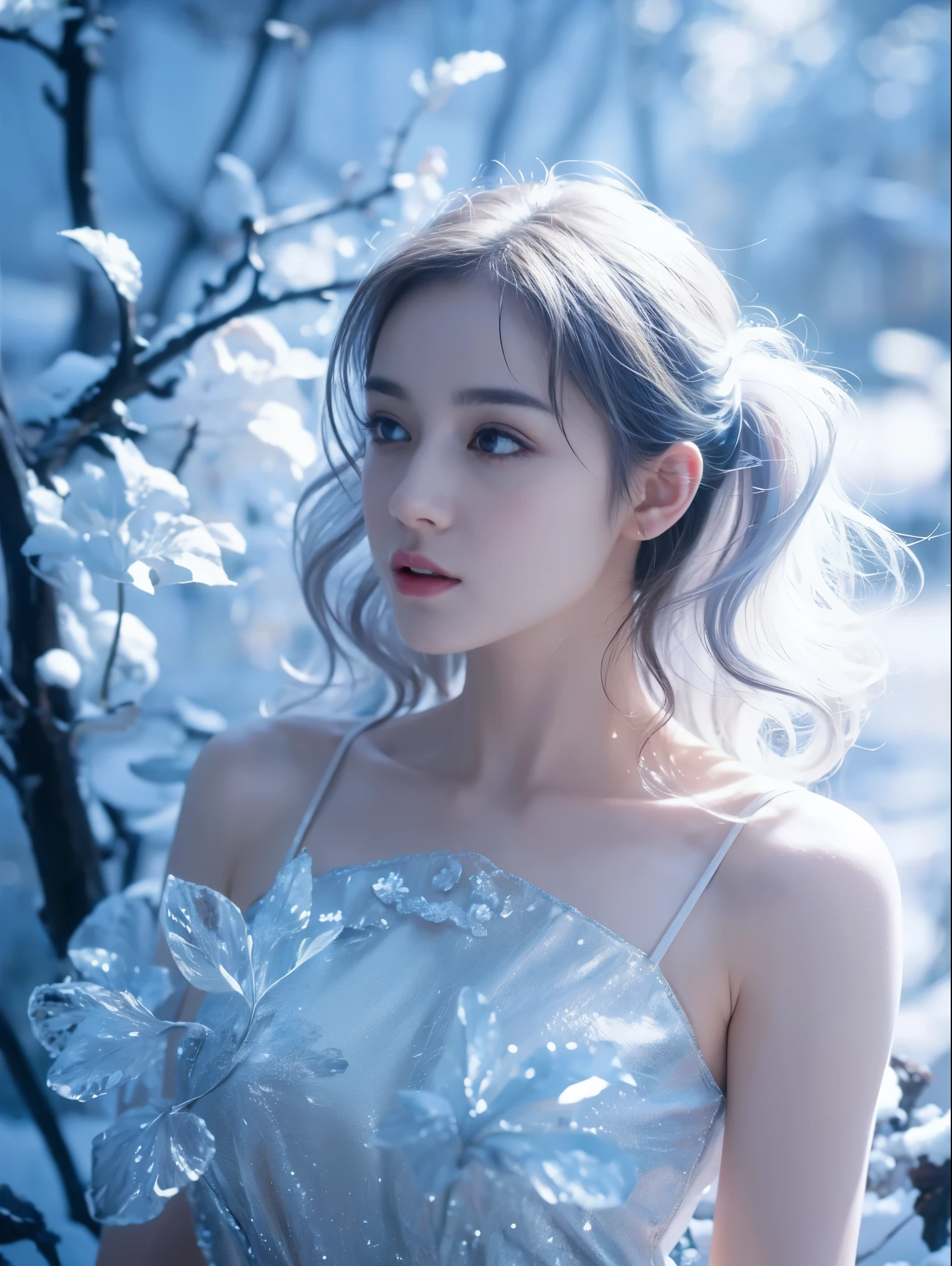 (((masterpiece))), best quality, illustration, 4k wallpaper, movie lighting, absurd, 1 girl,(snow,ice), snow花, in winter, white hair, shiny hair, curls, transparent clothes, frills, lace, wet clothes, leave_Shoulder, hair tie,masterpiece, telephoto lens, absurd, Exquisite facial features，record，Poster composition，pose elegantly，，Natural light，soft light，（Seven-part combination） ，epic，Dreamy and magical，mystery