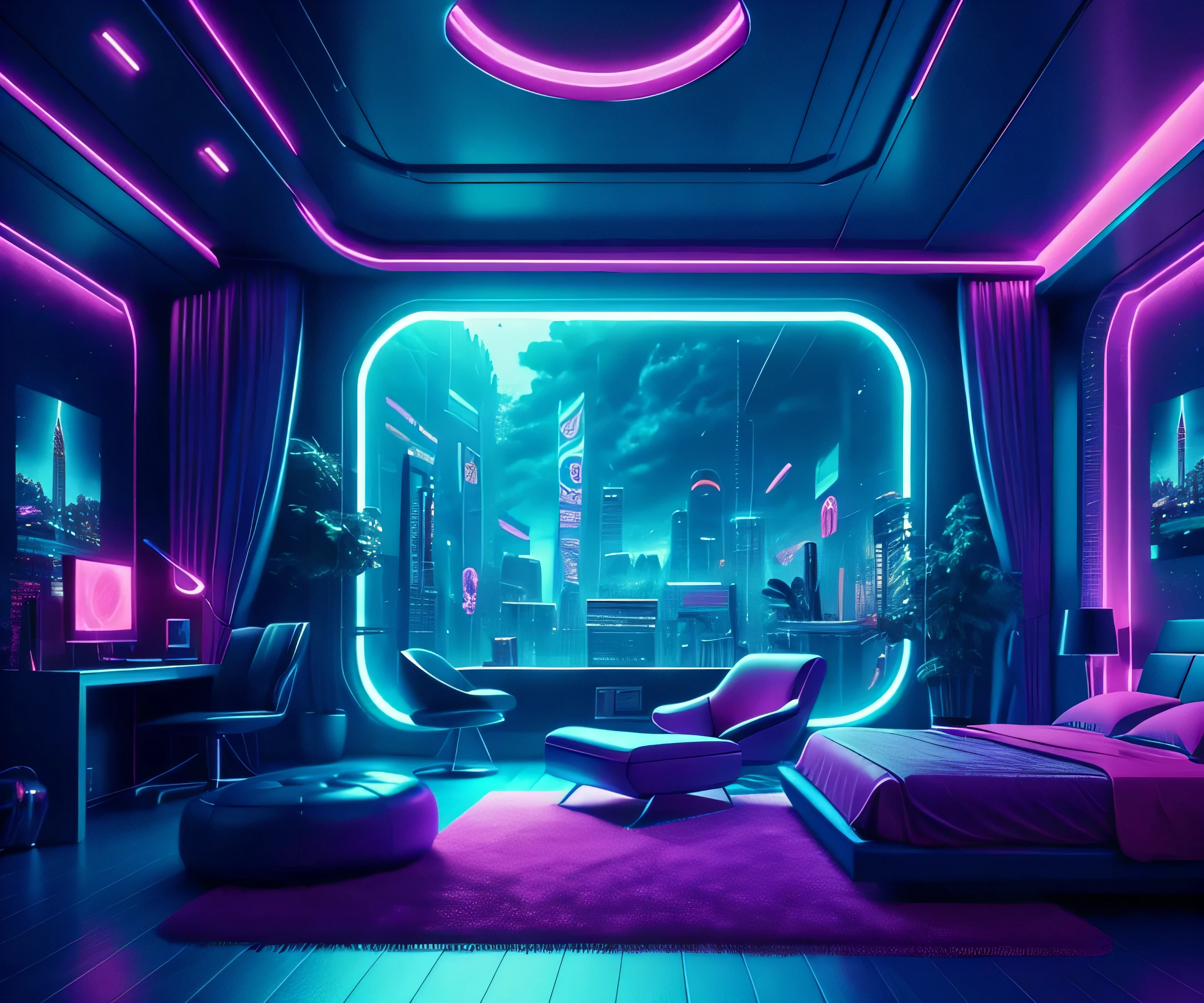 ((tmasterpiece)),(hyper-detailing),(Complicated details),(High resolution CGI artwork 8k),Image of futuristic cyberpunk bedroom。One of the walls should have a large window,There's a busy one above、extremely colorful、Detailed cyberpunk cityscape。Futuristic style,There are many colors and LED lights。The cityscape should be very detailed,depth of fields。Create depth with atmospheric lighting,Evoke the feeling of a busy futuristic city outside the window。Extremely sci-fi interior,Pay close attention to facial details,Such as complex、Hire eyes and bedroom accents。cameras:Wide-angle lens showing rooms and windows。The window should be the focal point of the image。illuminating:Use atmospheric and volumetric lighting to enhance cityscape detail。The room should be illuminated by the neon lights of the cityscape。
