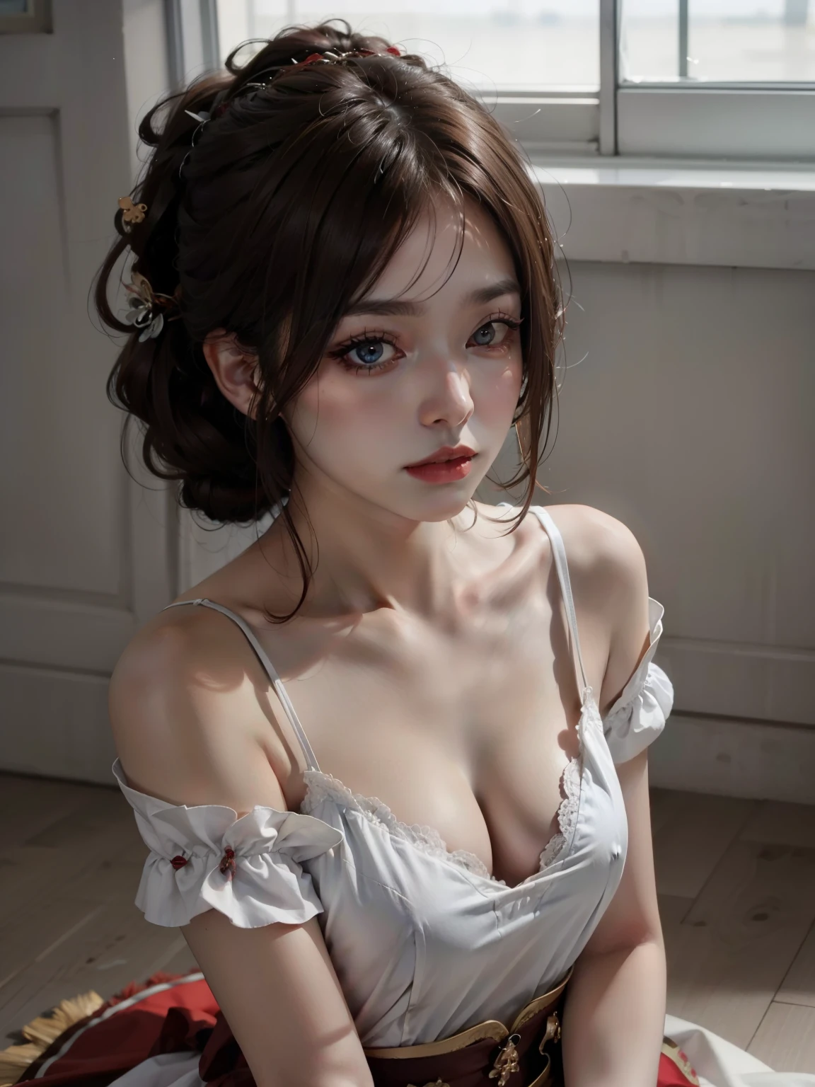 Reddish-brown hair，Long curly hair，high ponytail，red headdress，red eyes，red eye，red pupils，Delicate and detailed eyes，sparkling eyes，blur background