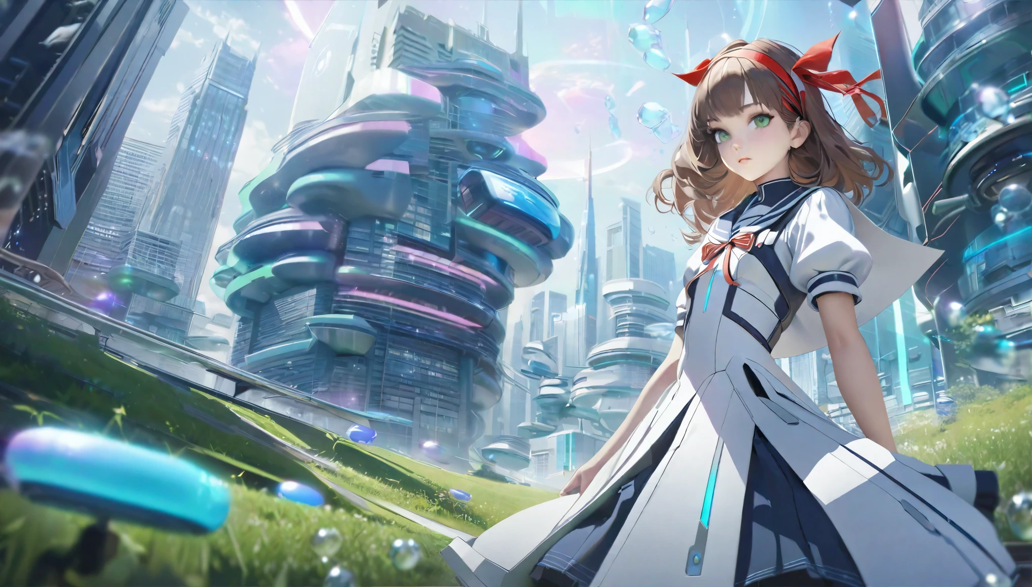 (best quality,4k,highres),ultra-detailed,realistic,portraits, Japaneese school girl, green eyes, long brown hair,anime style,futuristic, Frutiger Aero aesthetic, eco- modernism, bokeh, ribbon headband,small breast,futuristic sailor lolita dress,puffy sleeves,white and blue,colorful lighting, red ribbon, navy blue pantyhose, school shoes, school bag, school crest, floating bubbles, standing in a green field with distant futuristic skyscrapers in the background, tertiary colors, highly detailed, 4K.