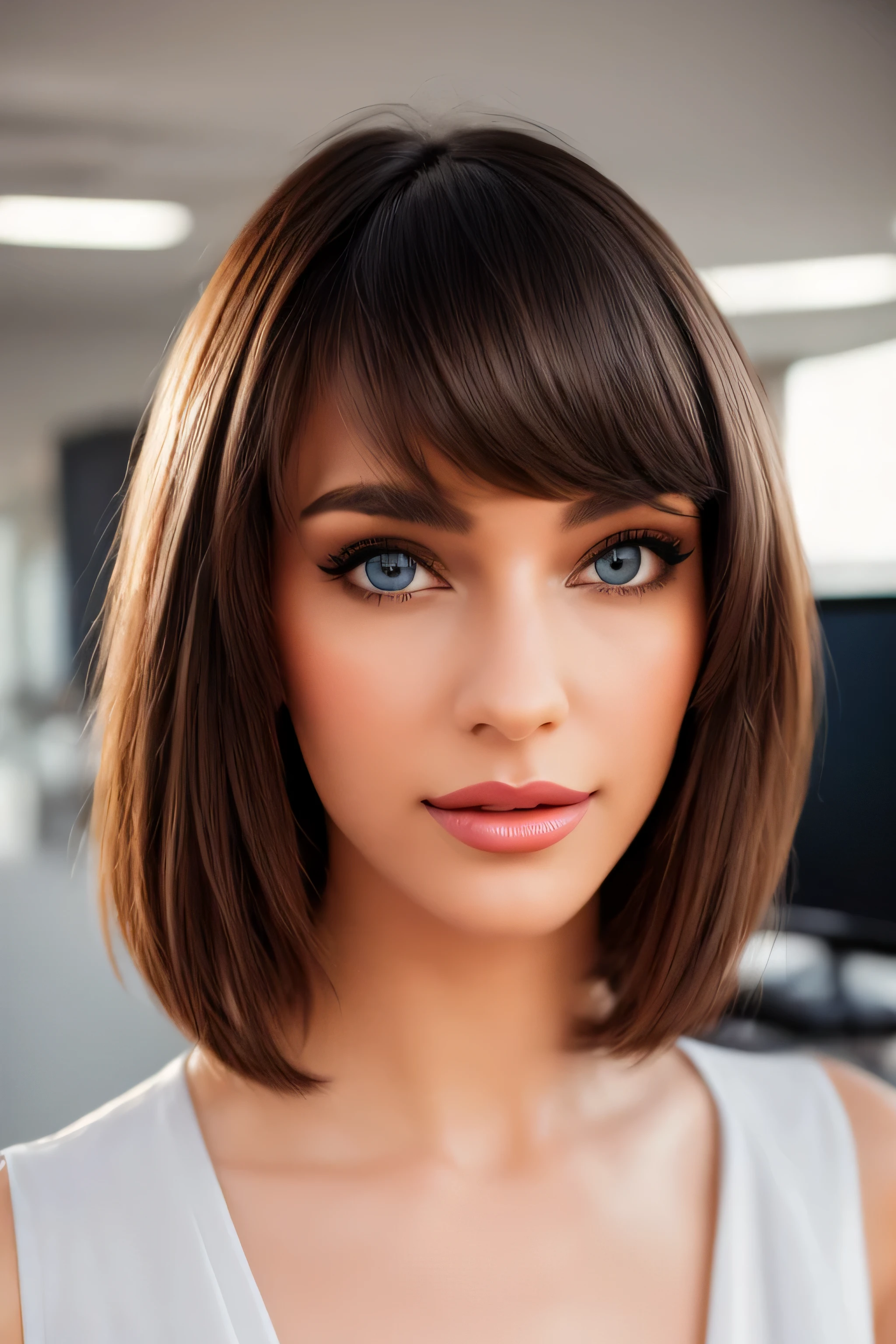 Best quality, PhotoRealistic, ultra detailed, finely detailed, high resolution, 8K wallpaper, Raw color photo, professional, High level of detail, (Model advertising a computer..). Beautiful 35 year old woman, (pale skin), (Masterpiece), (full body), (blue eyes), Realistic, happy face, (red lipstick), expressive smile, ((short shoulder length hair), (pink hair)), ((small breast, no cleavage)). white dress for woman, (Best quality,4k,8K,high resolution,Masterpiece:1.2),ultra detailed,(Realistic,photoRealistic,photoRealistic:1. 37),portrait, Tailored suit for ladies,professional setting,confident expression,stylish haircut,Office environment,modern office building,stunning architecture,elegant pose,executive woman,high heels,spacious and bright office,sharp focus,women working together,polished look,neutral color palette,soft natural lighting,clean and minimalist design,important business meeting, Intricate patterns on suit, well groomed hairstyle,Desk with computer and paperwork,air of authority,successful and accomplished women,award winning photo, (Face to face), (Look at viewers), small light, low contrast, facial symmetry, depth of fields, cinematic background, central image, softly lit, (finely detailed skin), Realistic skin texture, extreme skin details, (pores: 0. 1), small bust with good shape