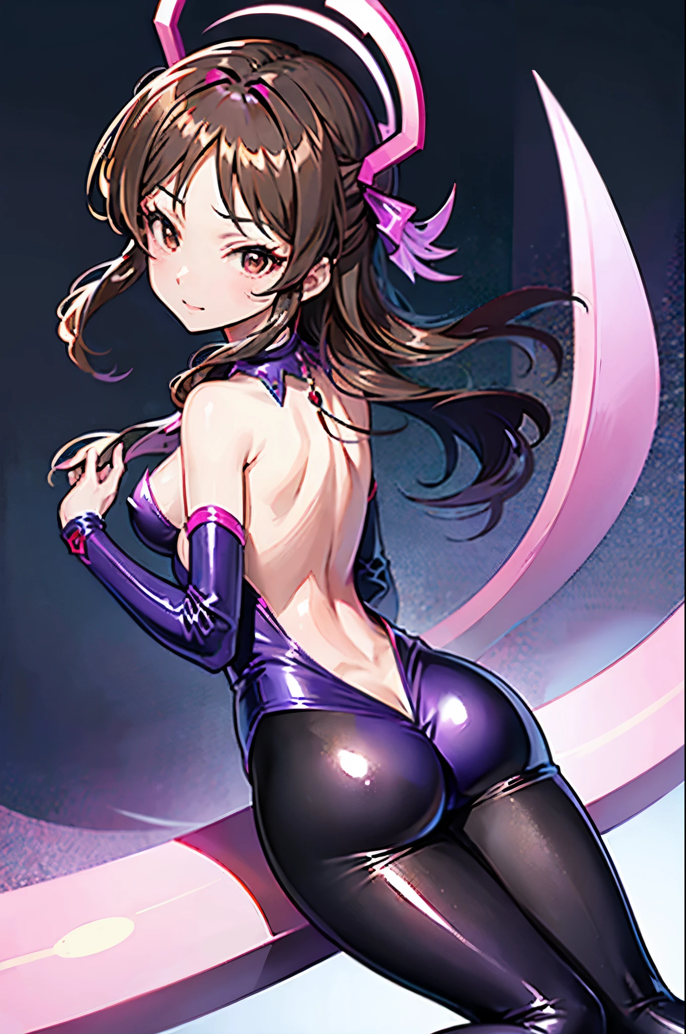 draw the face carefully Anime style high quality face super shiny skin black and purple leotard with red trim Pink pantyhose succubus lure smile Rear view