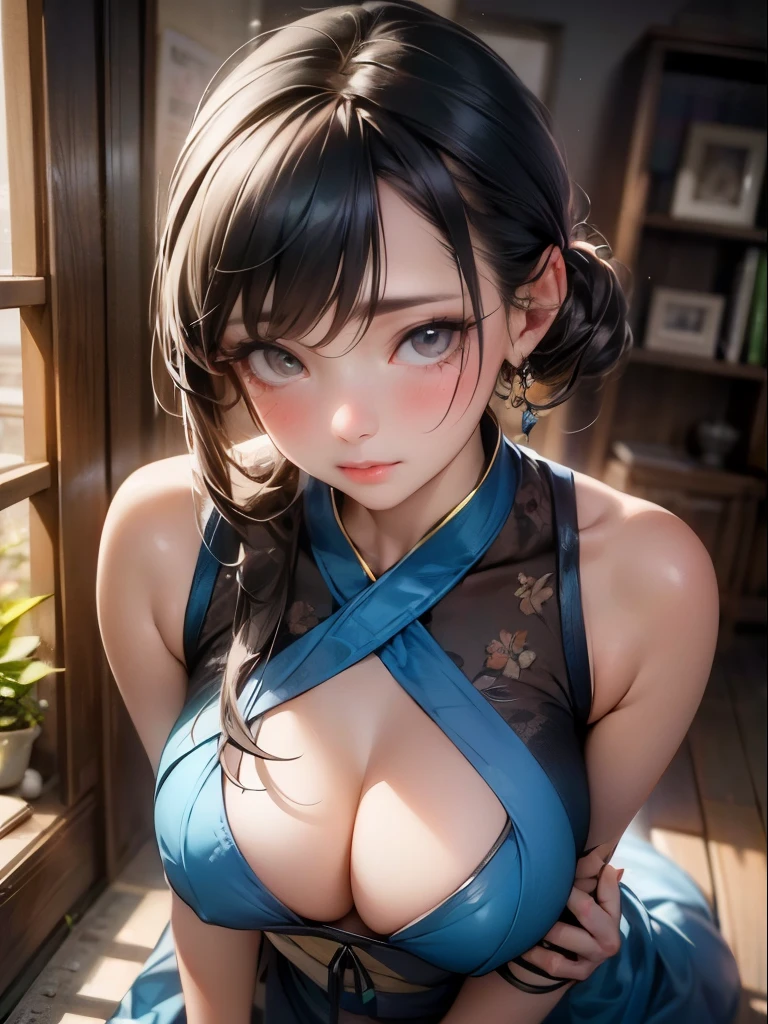 frontal view, very beautiful woman facing the viewer, traditional, photo realistic style, sexy sleeveless hanfu, white huge breasts, open cleavage, waist thin, adoring expression is the focus,