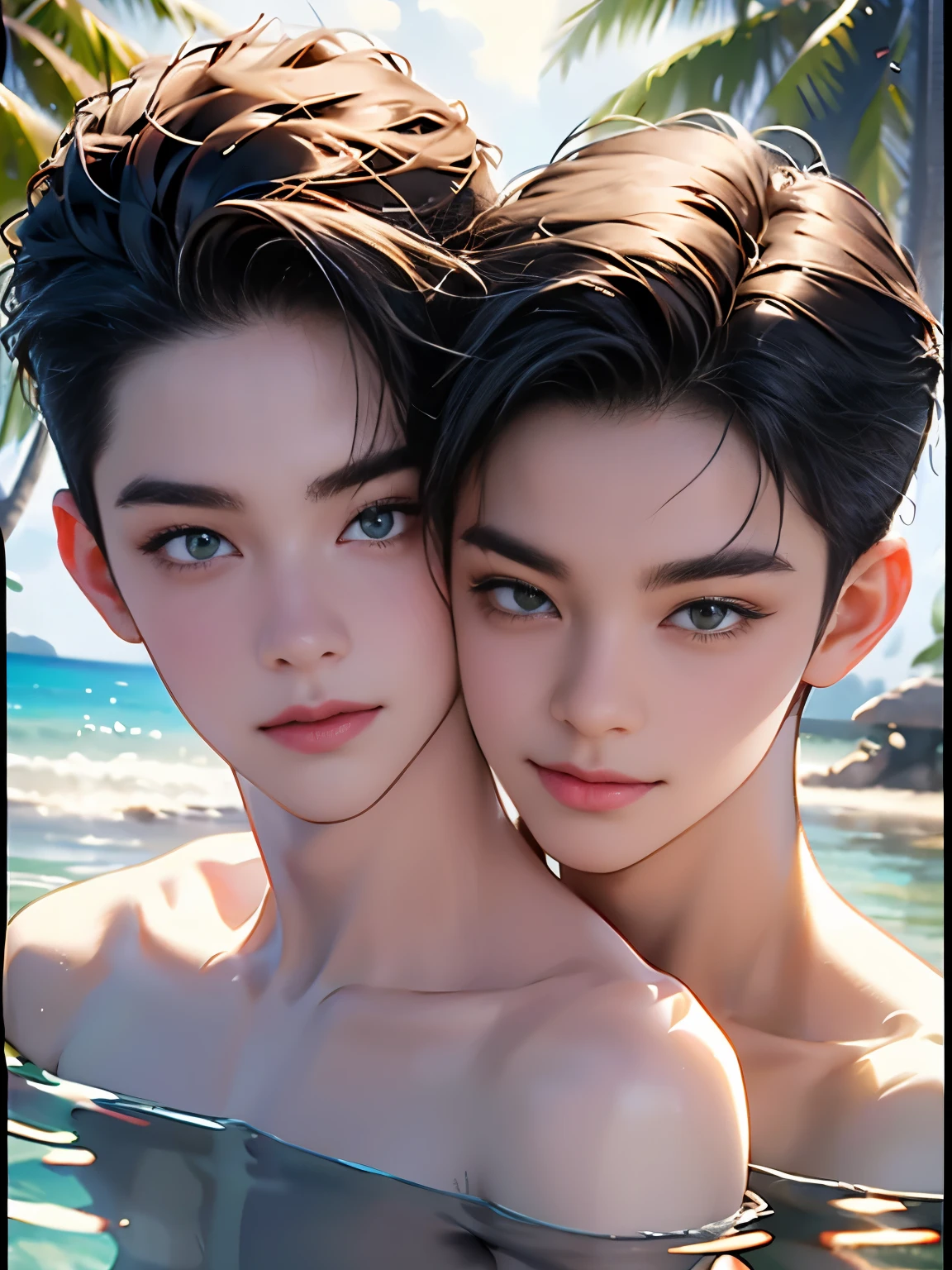 Highest quality portrait of two young guys on the beach knee-deep in water. Two young attractive boys swimming in the sea, completely naked with beautiful strings, beautiful green beach with palm trees and flowers, beautiful , smiling , Friends . Photo portrait of the highest quality !