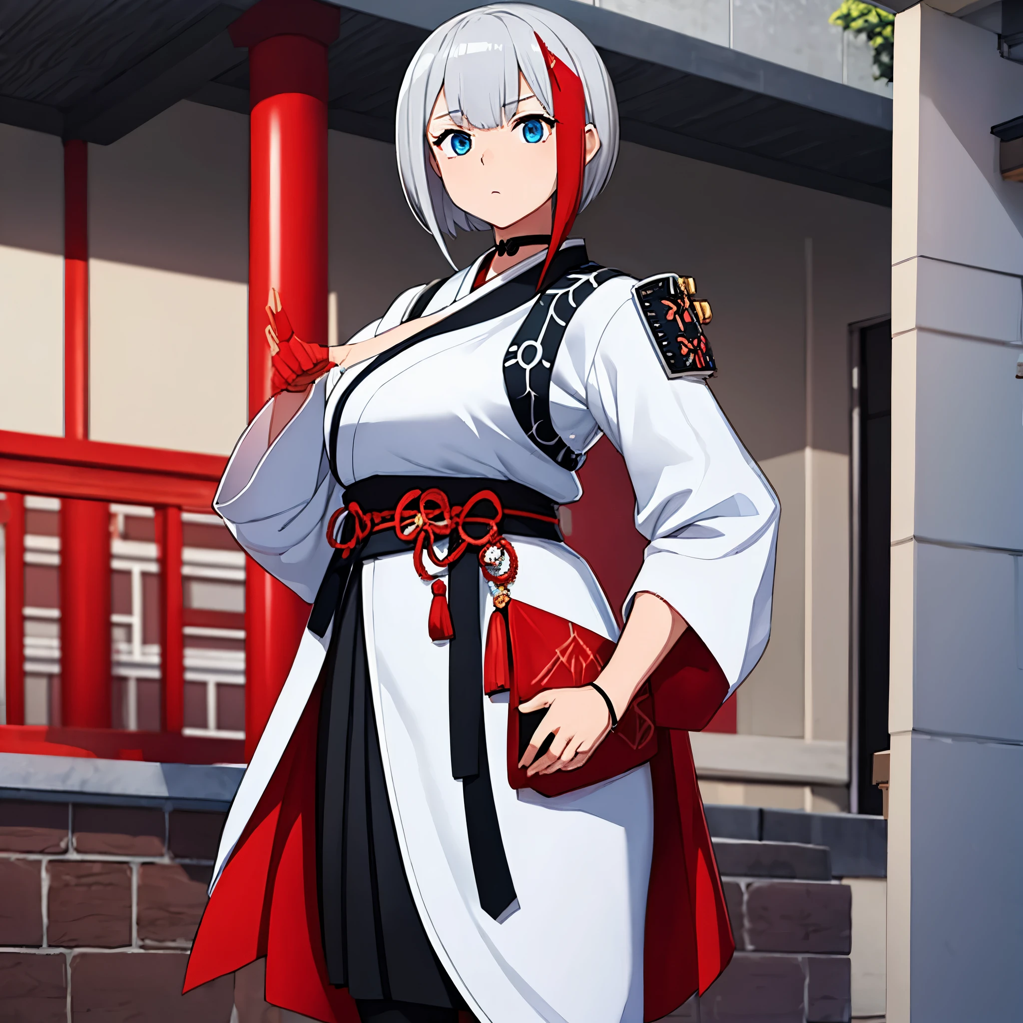 A girl wearing heavy samurai armor outside a dojo, short silver hair, a red fringe, blue eyes.
