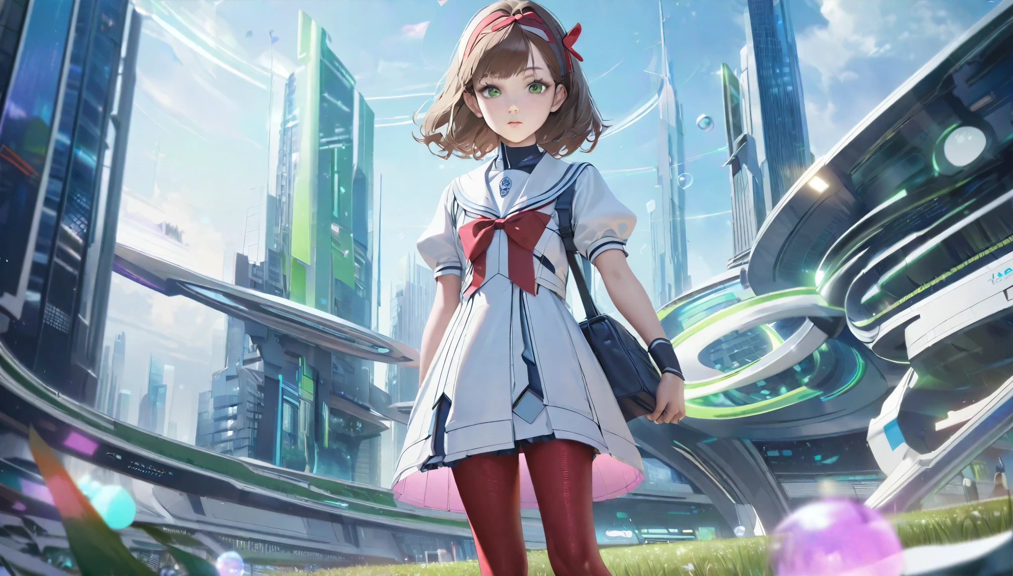 (best quality,4k,highres),ultra-detailed,realistic,portraits, Japaneese school girl, green eyes, long brown hair,anime style,futuristic, Frutiger Aero aesthetic, eco- modernism, bokeh, ribbon headband,small breast,futuristic sailor lolita dress,puffy sleeves,white and blue,colorful lighting, red ribbon, navy blue pantyhose, school shoes, school bag, school crest, floating bubbles, standing in a green field with distant futuristic skyscrapers in the background, tertiary colors, highly detailed, 4K.